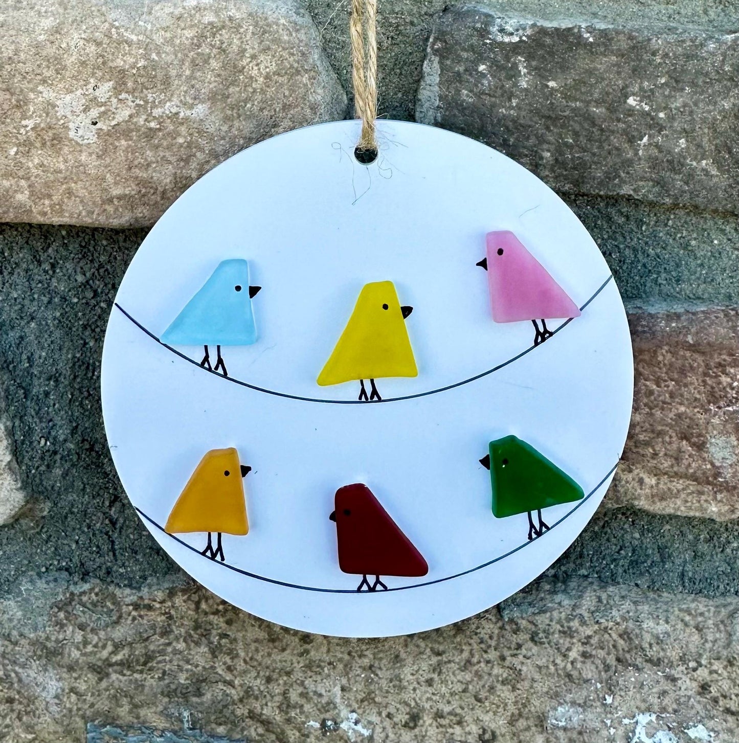 Sea Glass Multicolored Birds on Power Lines Holiday Ornament, 3” Round, Holiday Gift, Stocking Stuffer
