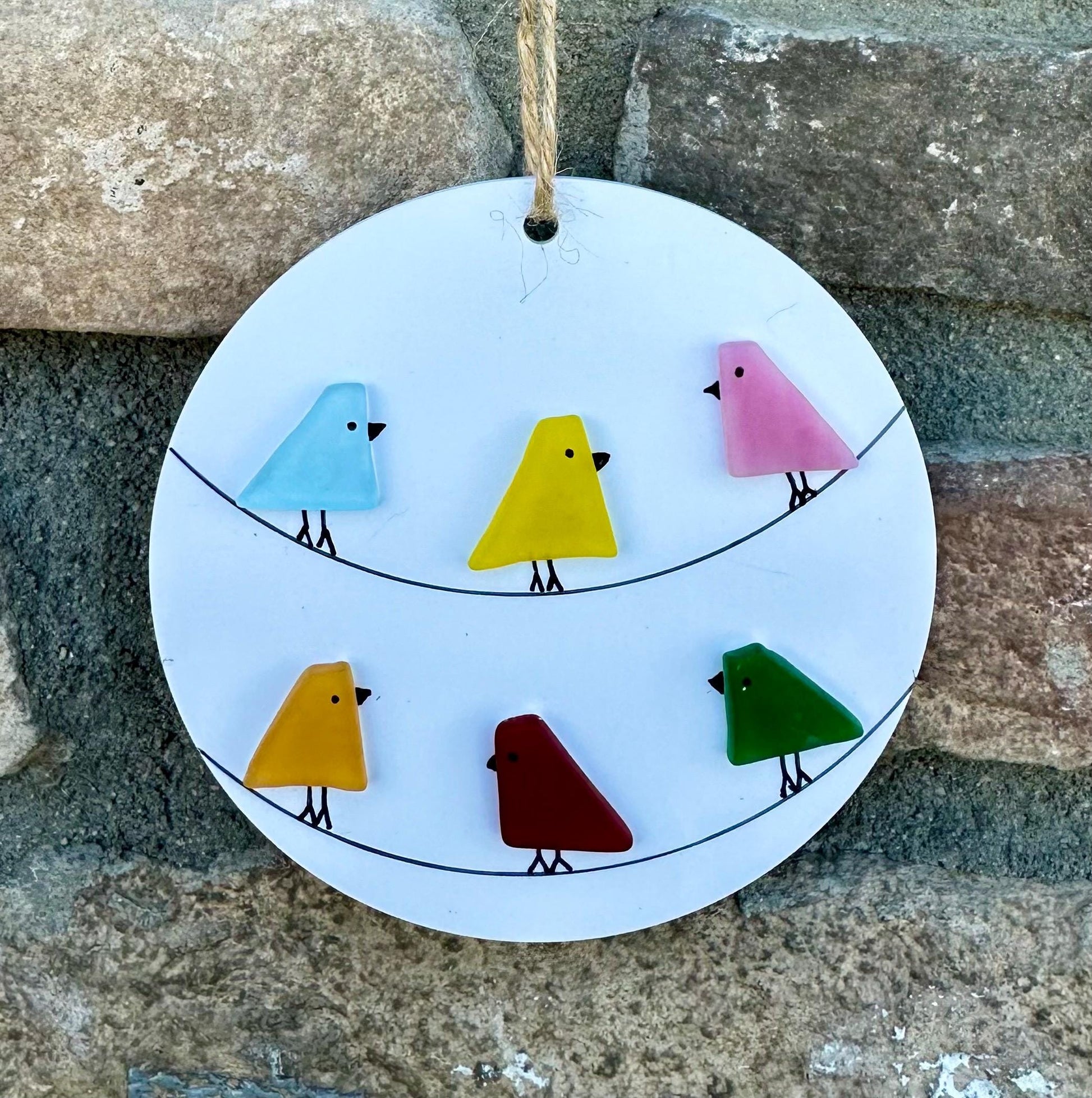Sea Glass Multicolored Birds on Power Lines Holiday Ornament, 3” Round, Holiday Gift, Stocking Stuffer