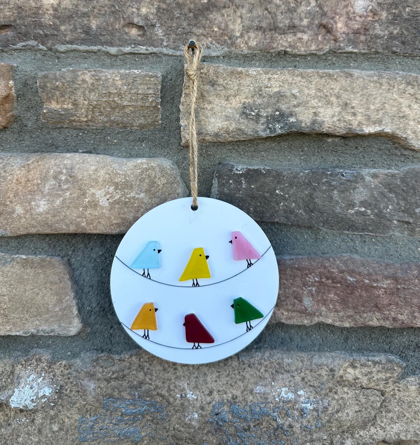 Sea Glass Multicolored Birds on Power Lines Holiday Ornament, 3” Round, Holiday Gift, Stocking Stuffer