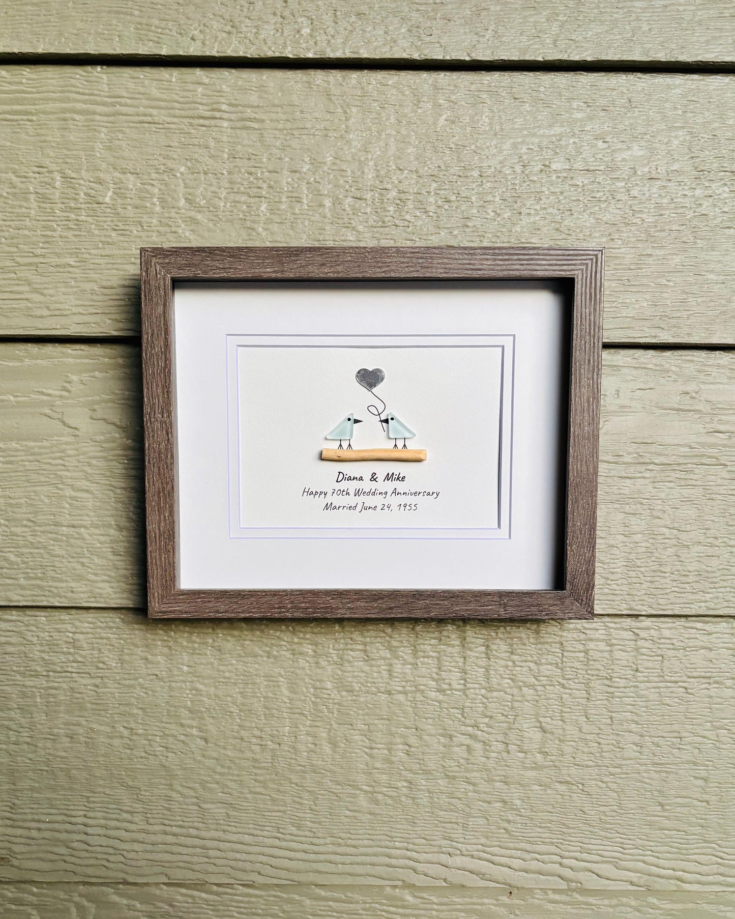 70th Wedding Anniversary Personalized Gift, 8x10” Framed Sea Glass Art, Platinum Anniversary Gift for Parents, Wife, Husband