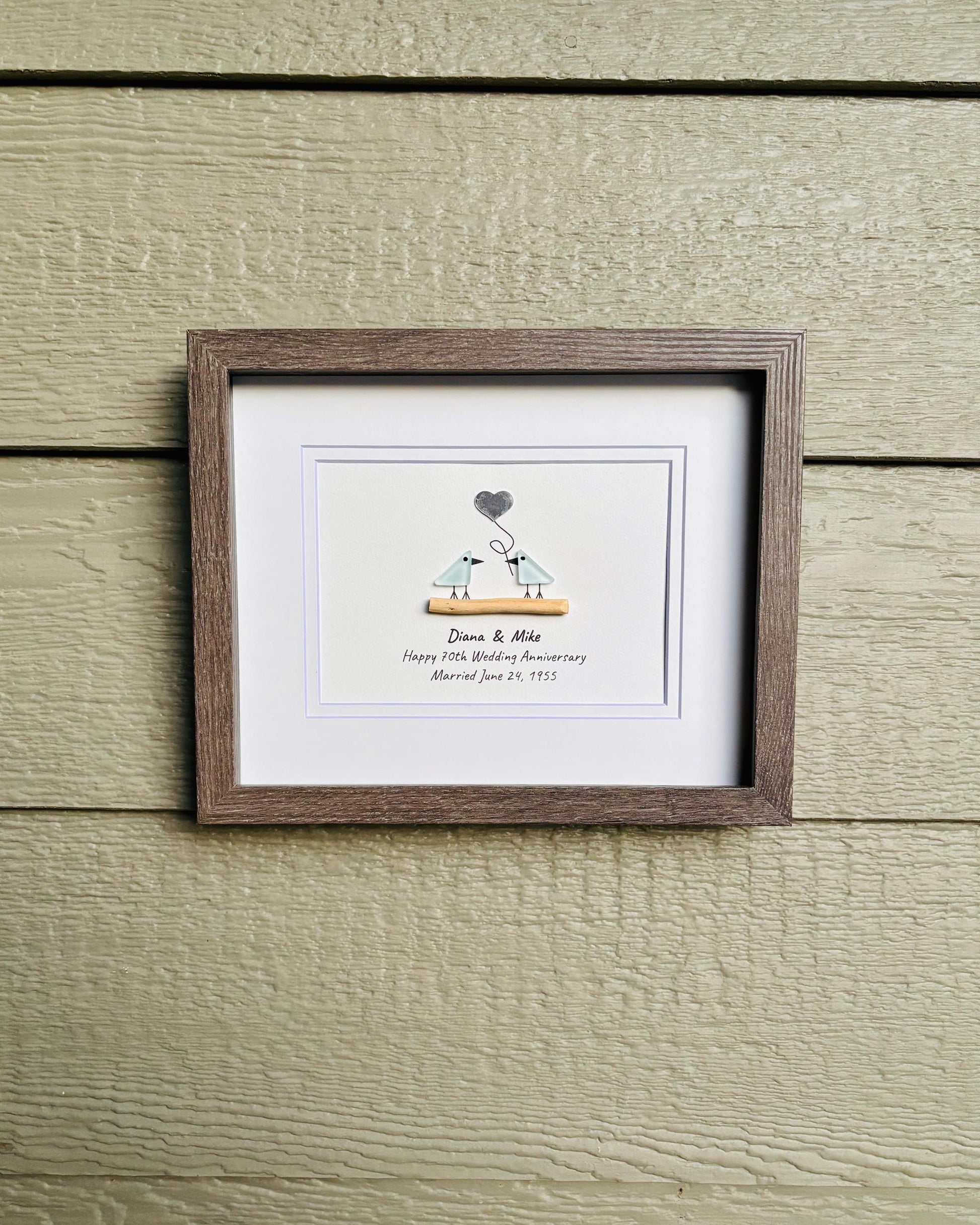 70th Wedding Anniversary Personalized Gift, 8x10” Framed Sea Glass Art, Platinum Anniversary Gift for Parents, Wife, Husband