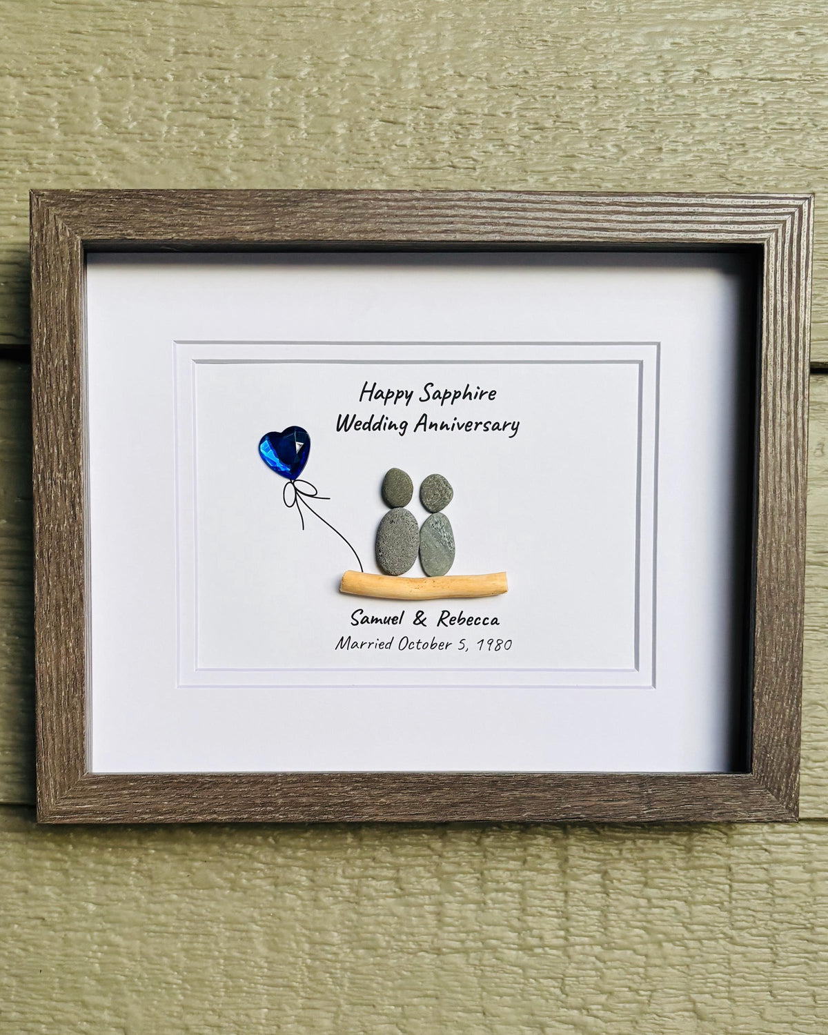 45th Wedding Anniversary Personalized Gift, 8x10” Framed Sea Glass Art, Sapphire Anniversary Gift for Parents, Wife, Husband
