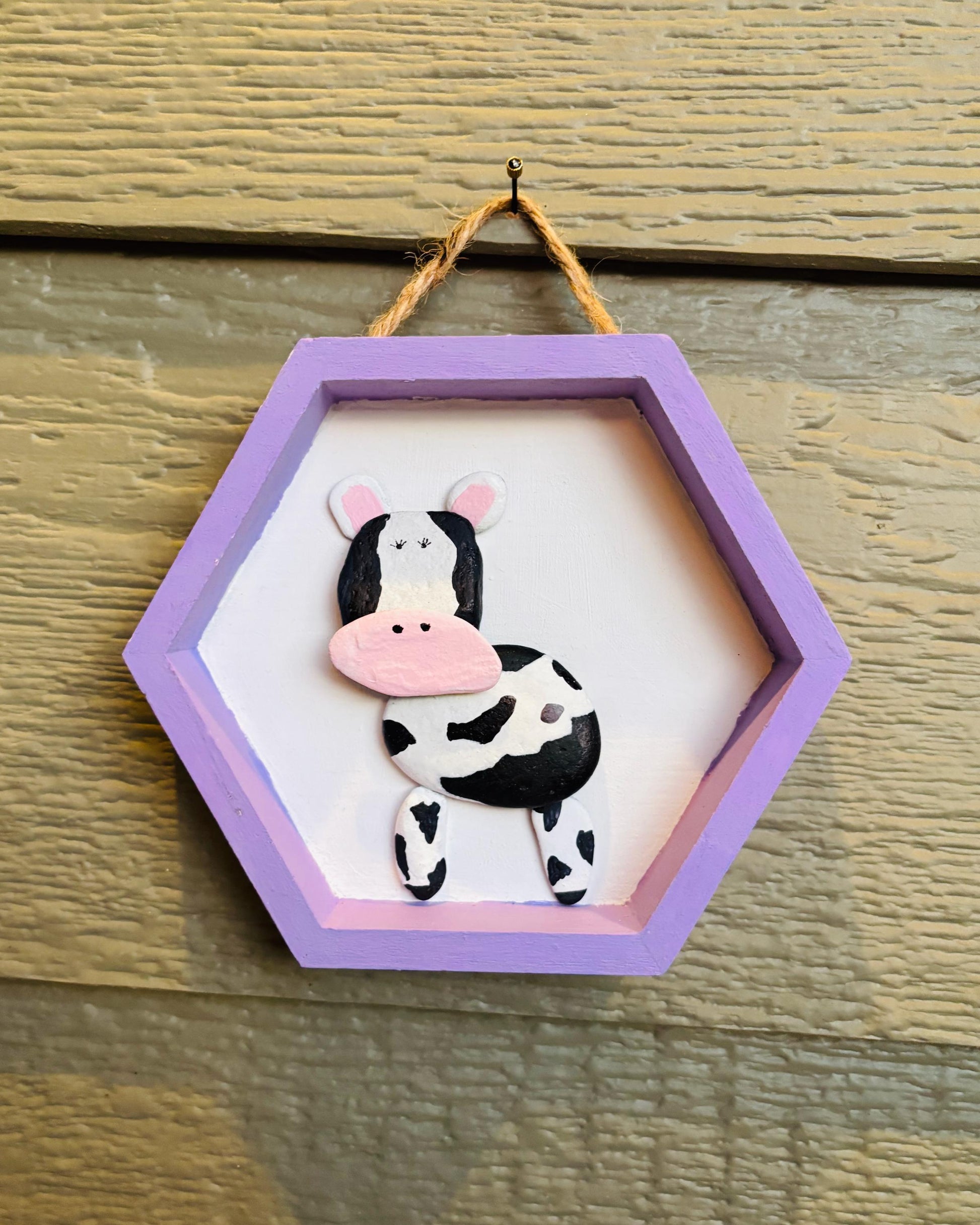 Handmade Pebble-Style Cow Sign | Purple Hexagon Nursery Decor