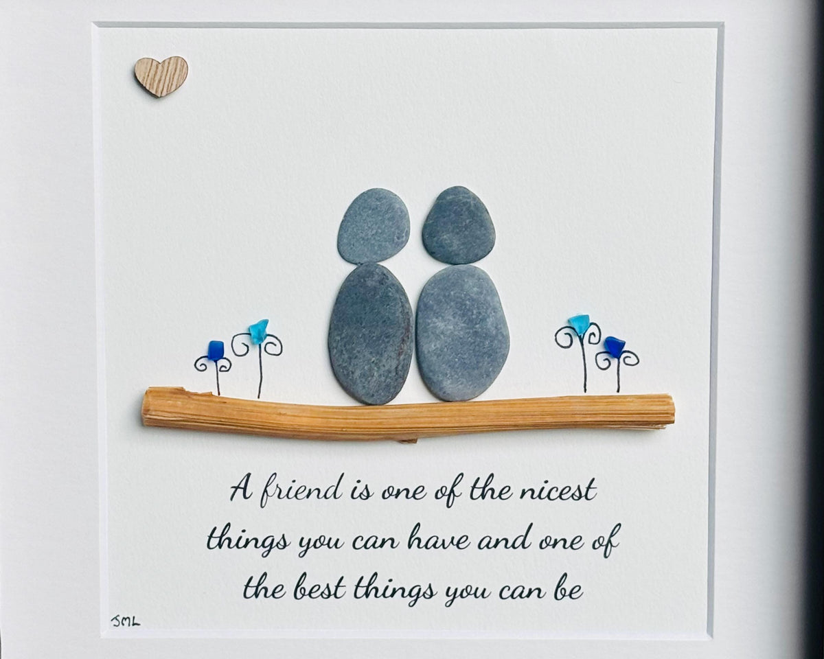 Friendship Pebble Art | Best-Friend Gift | Sea Glass & Driftwood Artwork | Inspirational Quote Frame