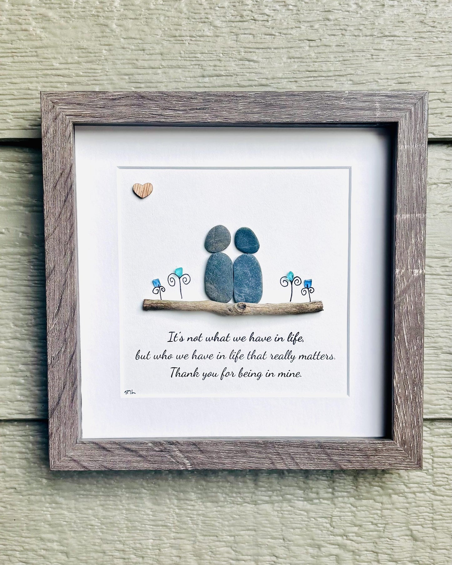 Pebble Art Thoughtful Friendship Gift | Sea Glass Flowers, Driftwood Scene 8x8”