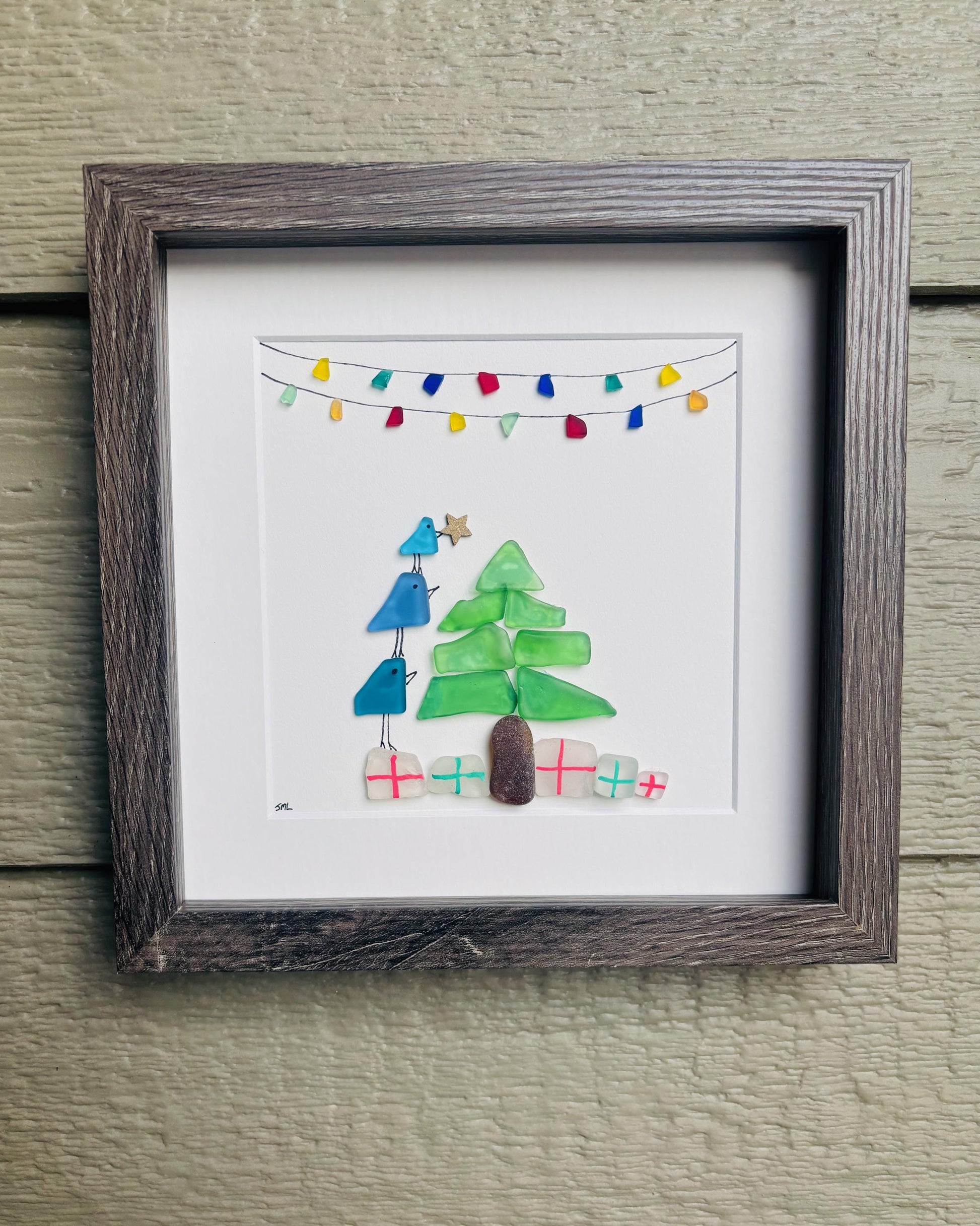 Christmas Sea Glass Art | Holiday Tree & Birds Artwork | Scottish Sea Glass