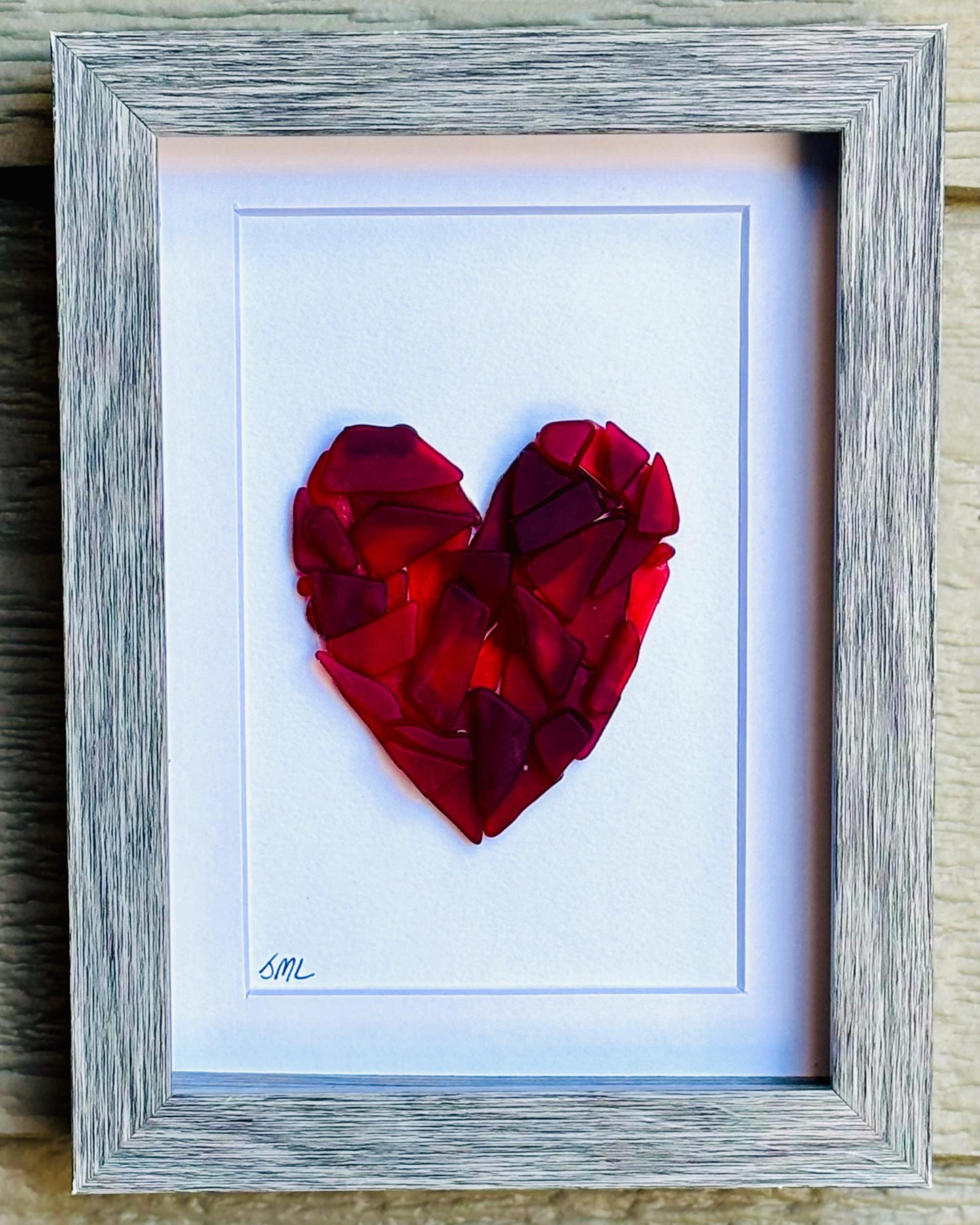 Sea Glass Love Heart Art, Valentine’s Day, 6x8” Framed Handmade in Shades of Red