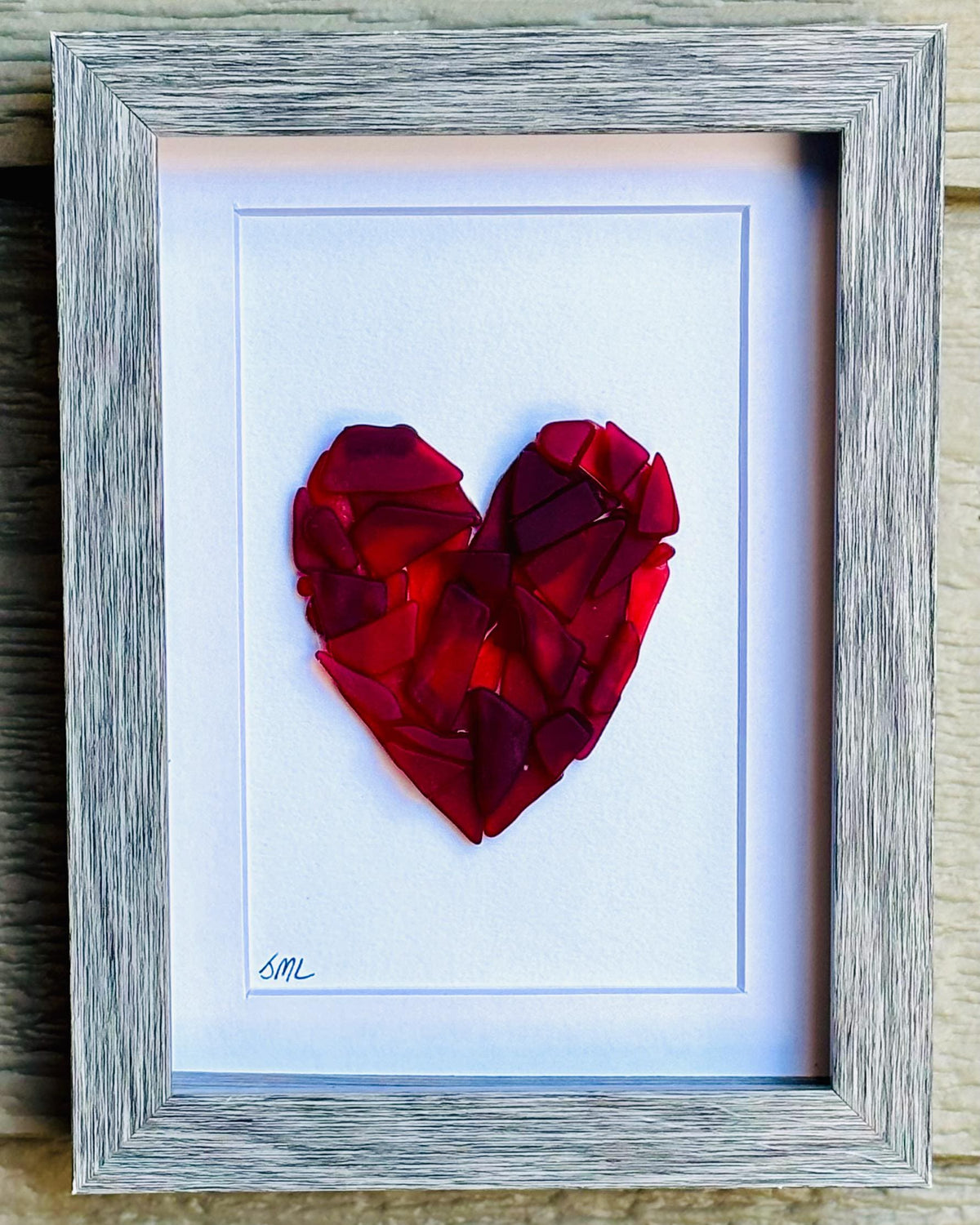 Sea Glass Love Heart Art, 6x8” Framed Original Artwork in Shades of Red