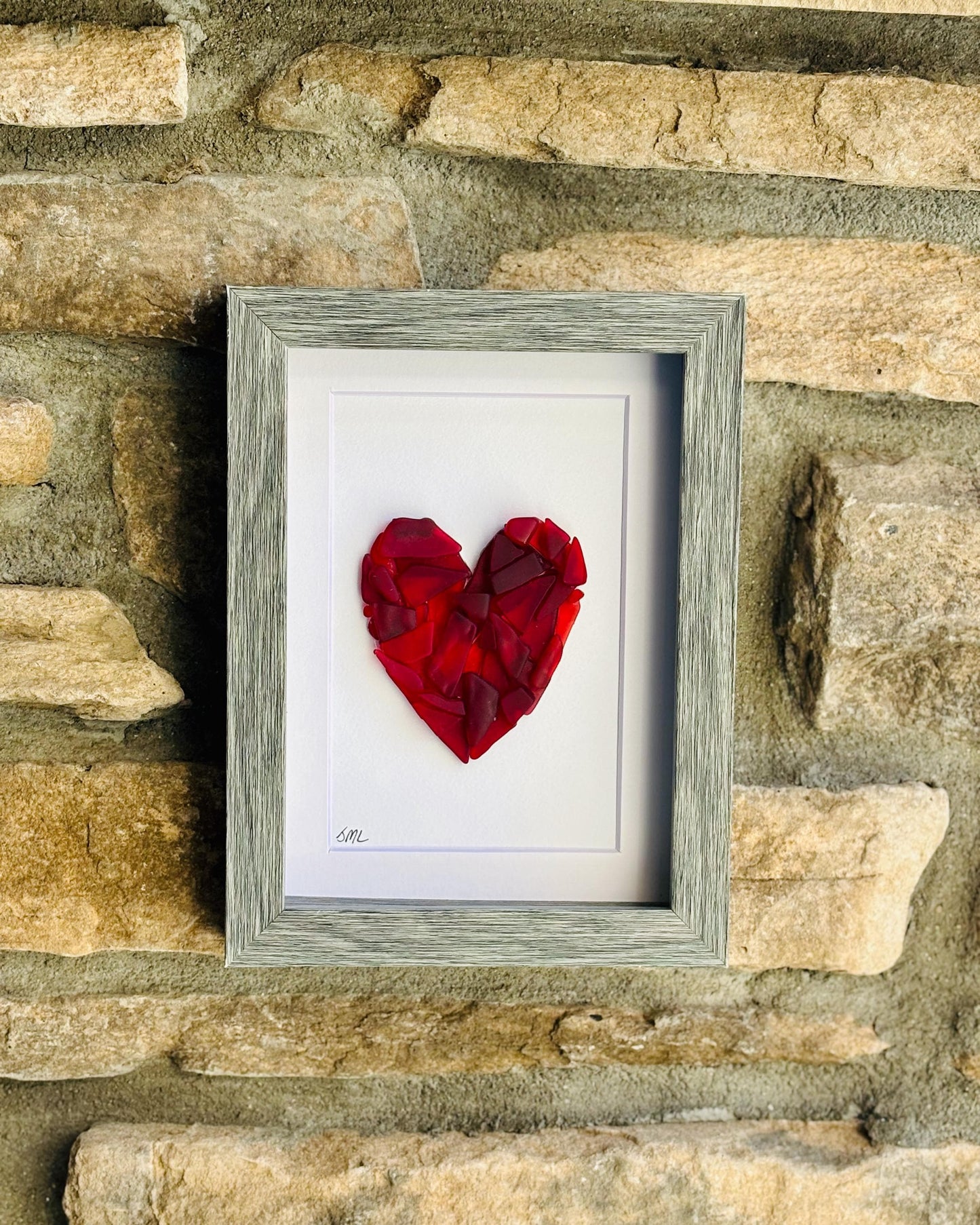 Sea Glass Love Heart Art, Valentine’s Day, 6x8” Framed Handmade in Shades of Red