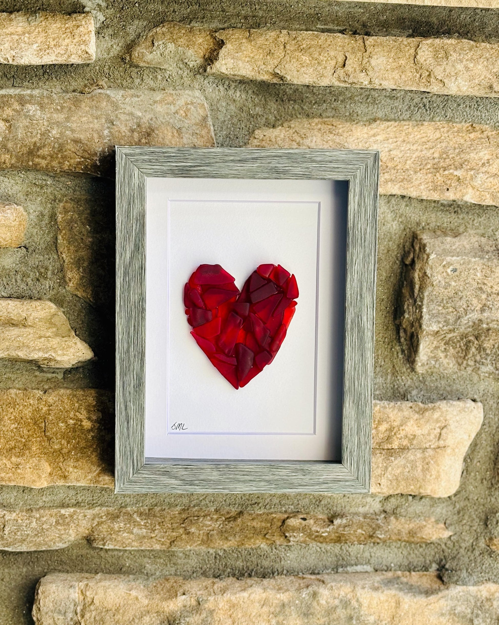 Sea Glass Love Heart Art, Valentine’s Day, 6x8” Framed Handmade in Shades of Red