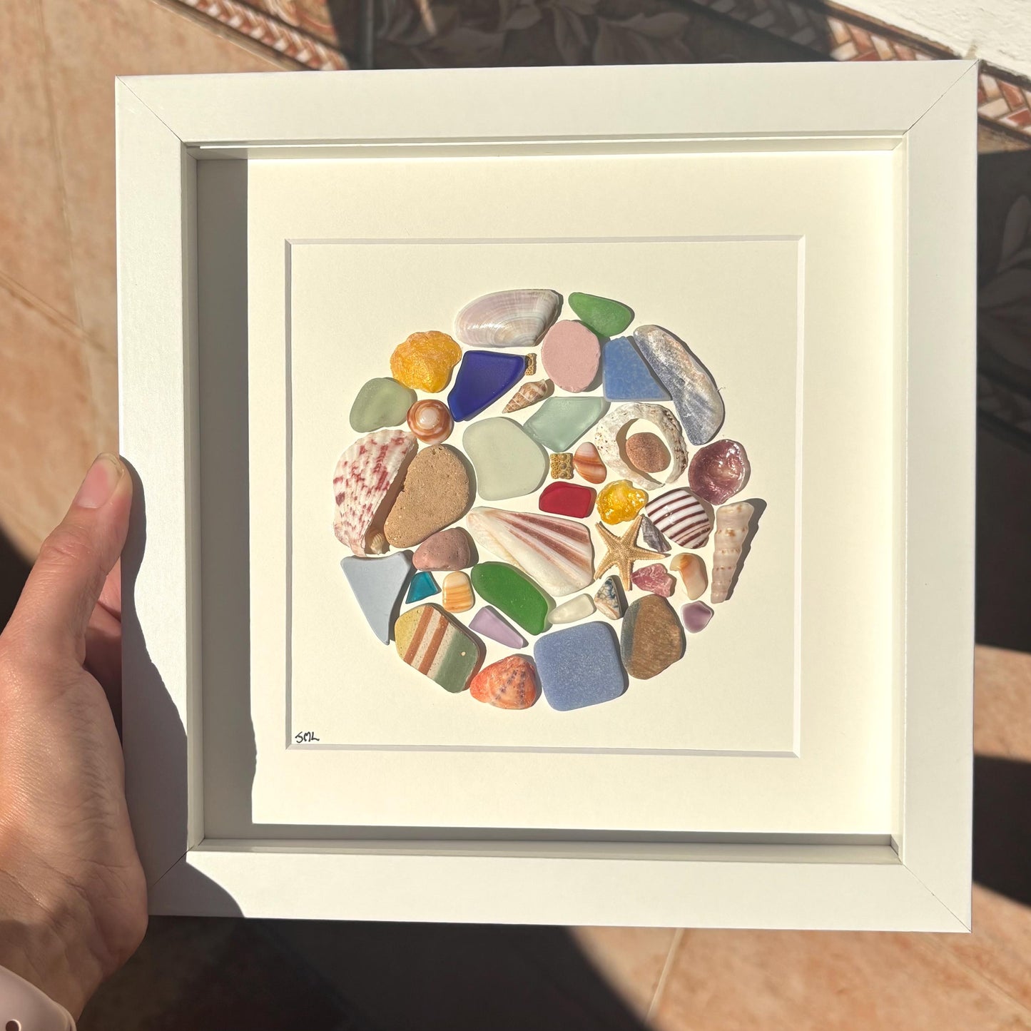 Beach Mosaic Circle Made of Sea Glass, Shells, Sea Pottery and Pebbles, 9x9 Framed Handmade Original Coastal Decor