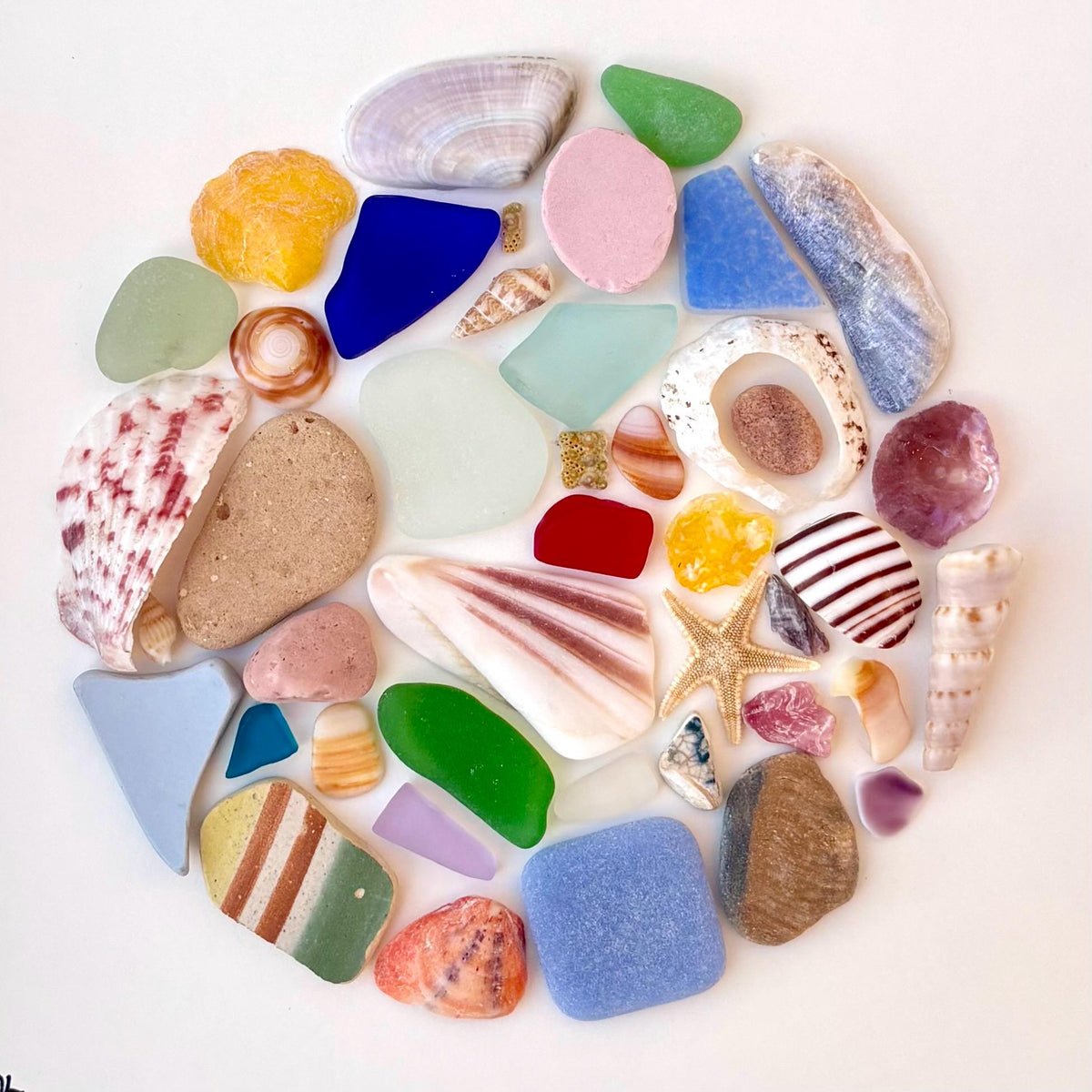 Beach Mosaic Circle Made of Sea Glass, Shells, Sea Pottery and Pebbles, 9x9 Framed Handmade Original Coastal Decor