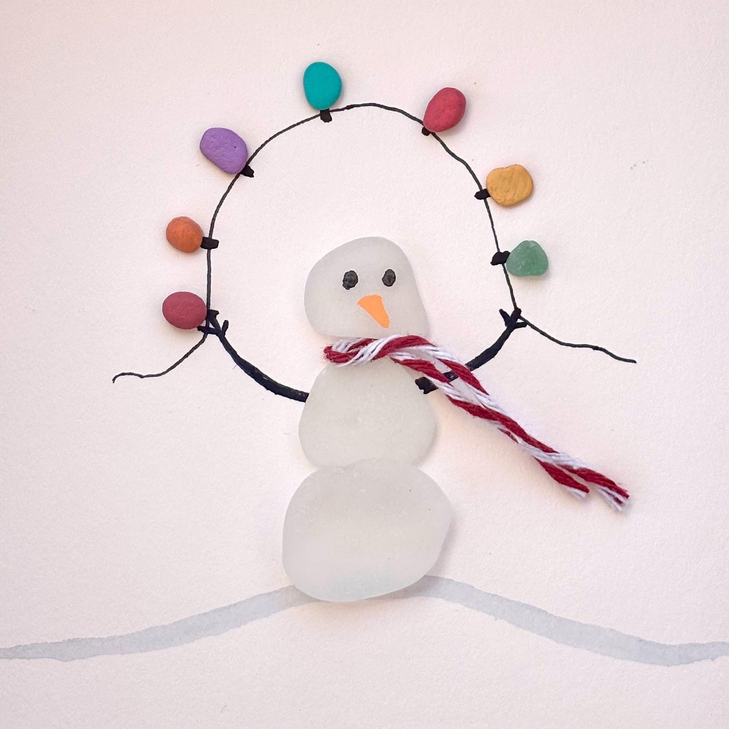 Sea Glass Snowman Framed Wall Art - Scottish Beach Pebbles, Holiday Lights