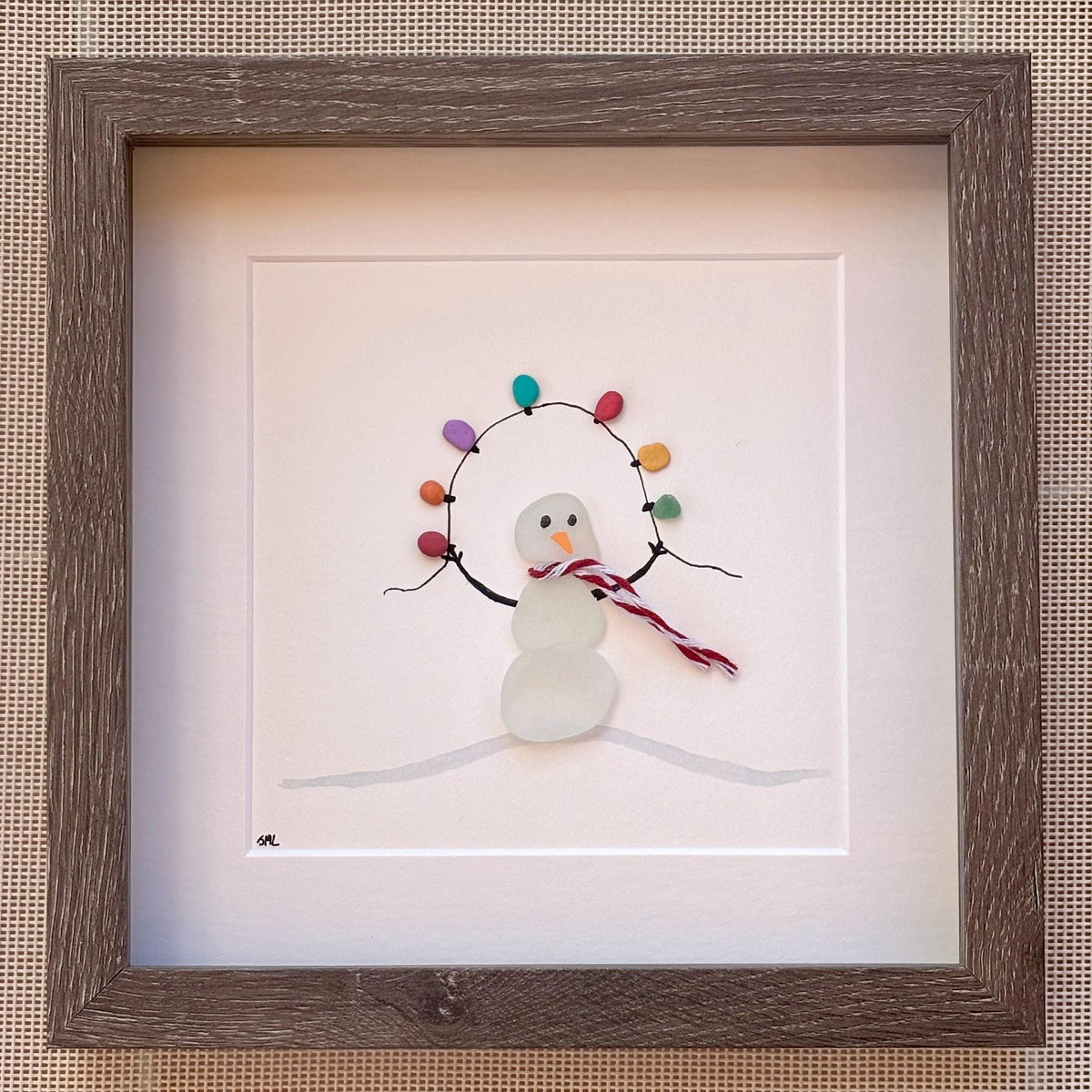 Sea Glass Snowman 9x9” Framed Wall Art Made From Natural Materials incl. Scottish sea glass and beach pebbles