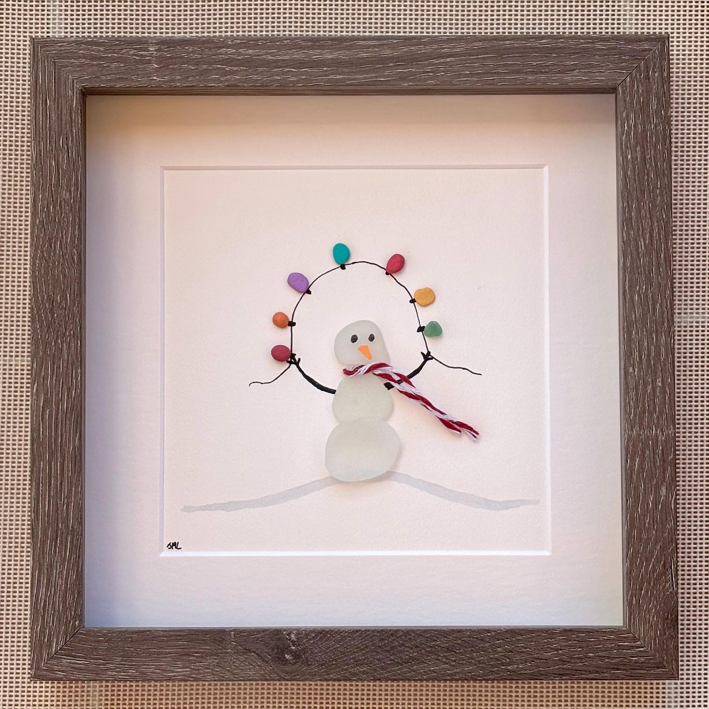 Sea Glass Snowman Framed Wall Art - Scottish Beach Pebbles, Holiday Lights