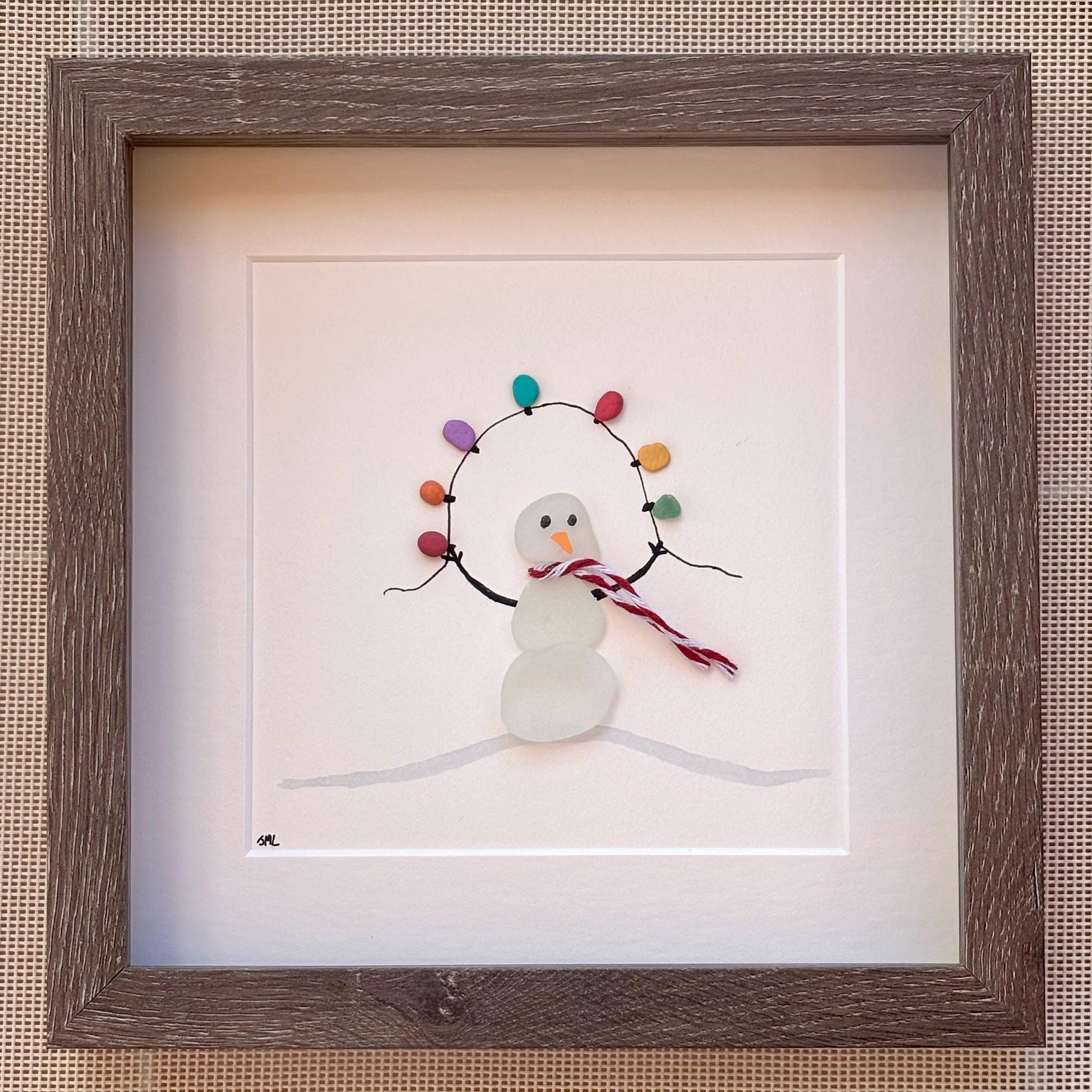 Sea Glass Snowman Framed Wall Art - Scottish Beach Pebbles, Holiday Lights