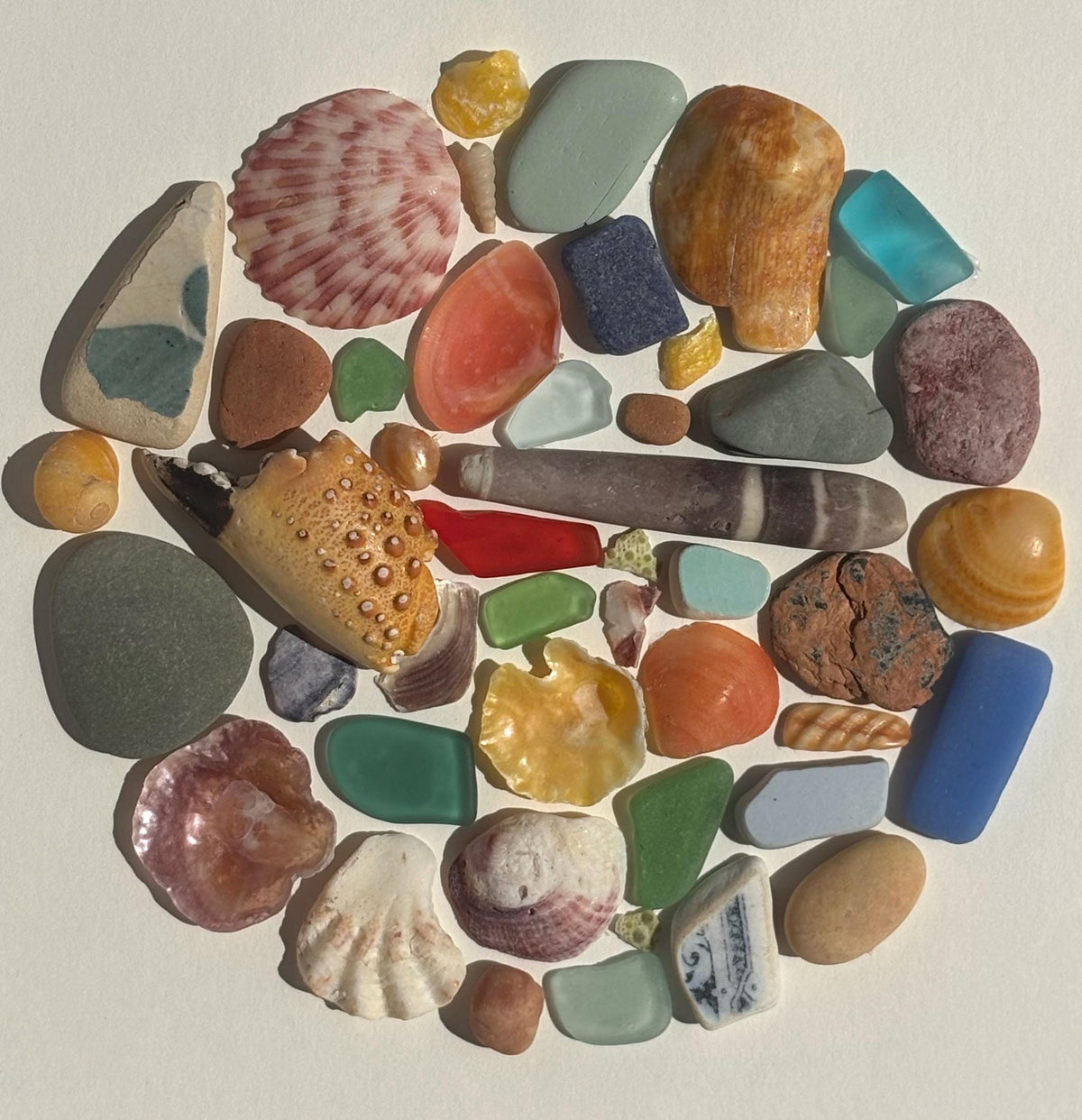 Beach Mosaic Circle Made of Sea Glass, Shells, Sea Pottery and Pebbles, 9x9 Framed Handmade Original Coastal Decor