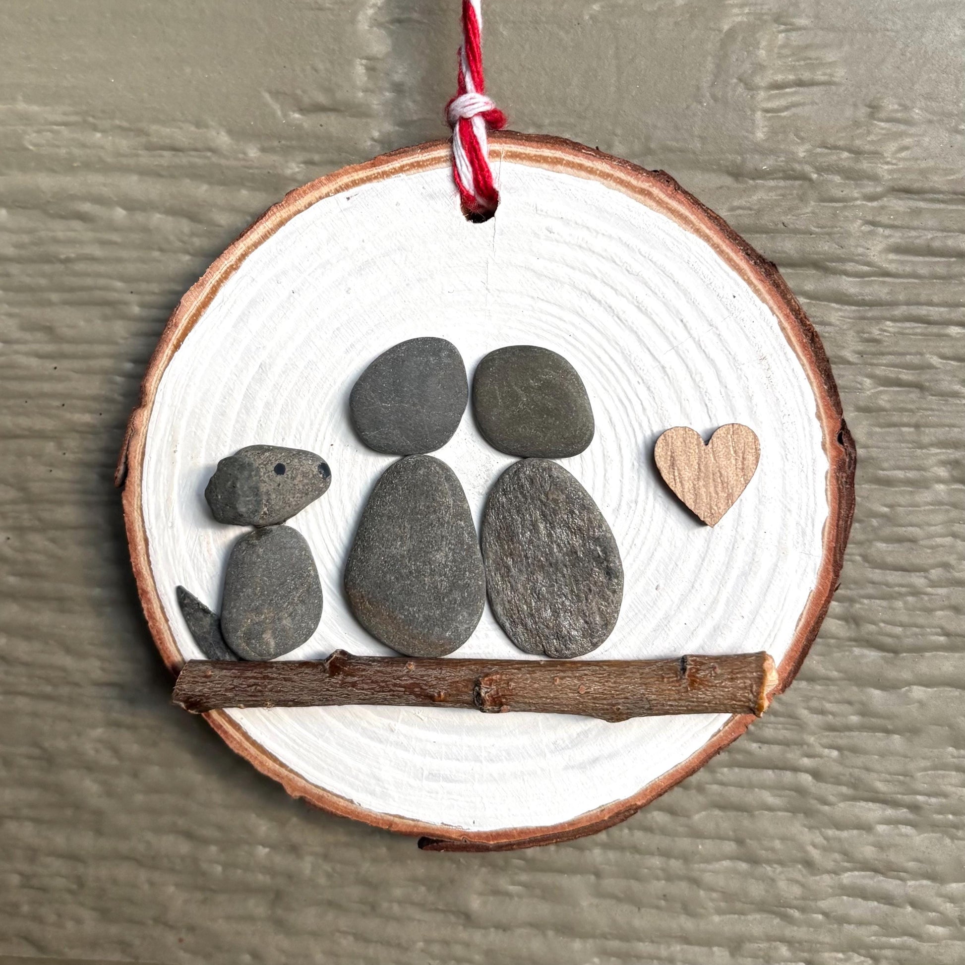 Pebble Art Couple Ornament with Dog | Handmade Pet Lover Gift