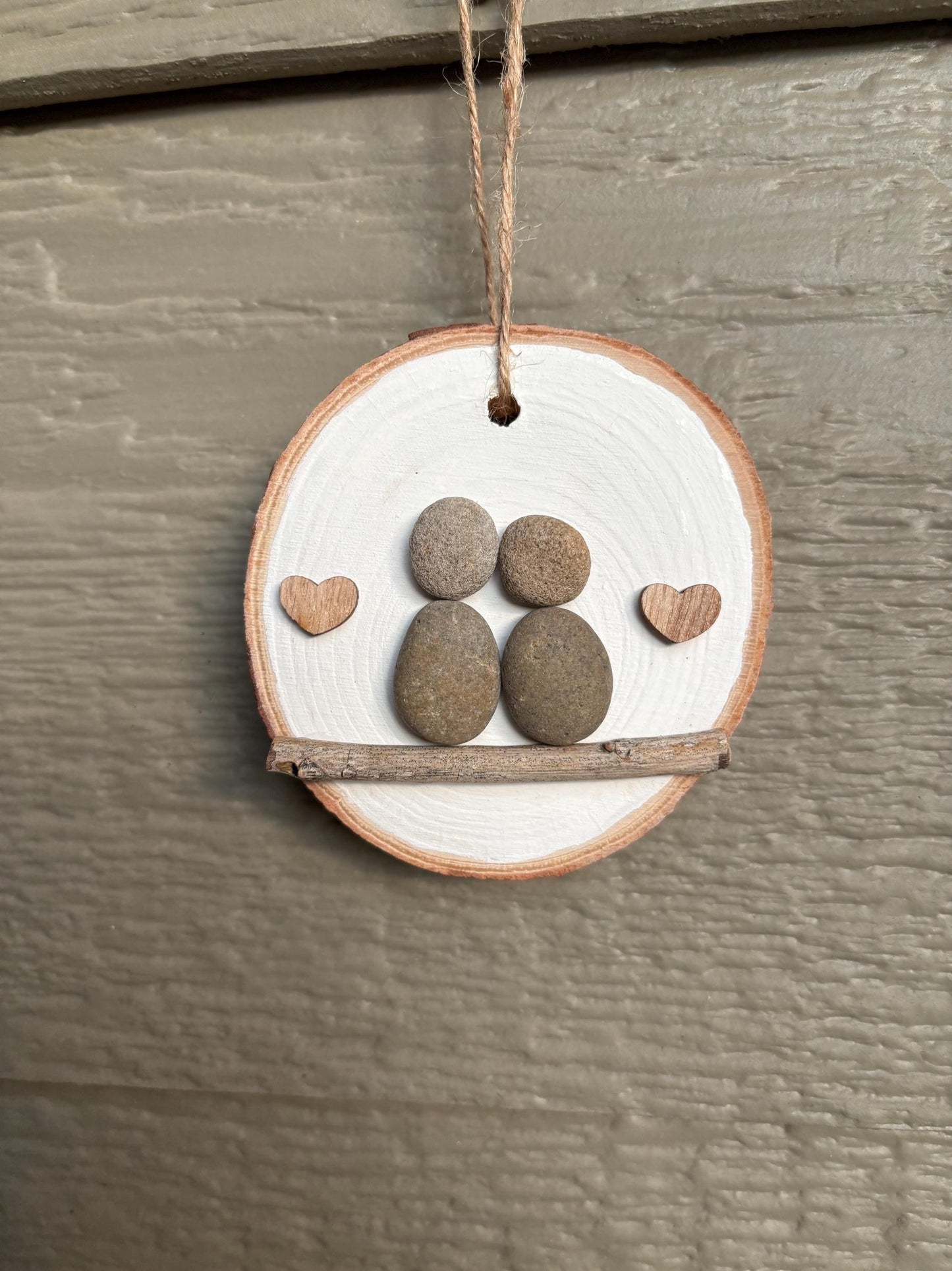 Pebble Art Couple in Love Ornament on Wood Round Backing | Handmade Unique Holiday Gift