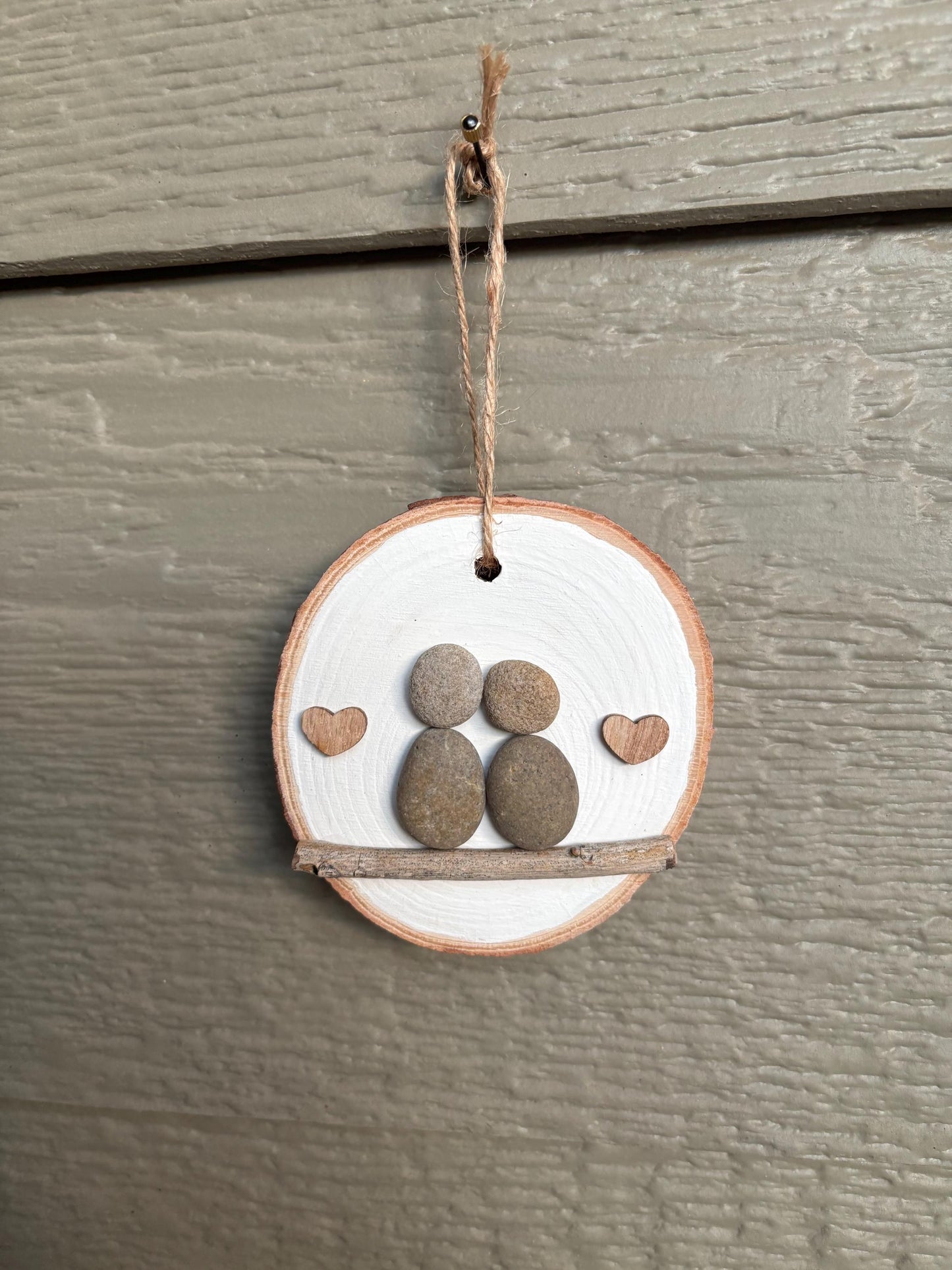Pebble Art Couple in Love Ornament on Wood Round Backing | Handmade Unique Holiday Gift