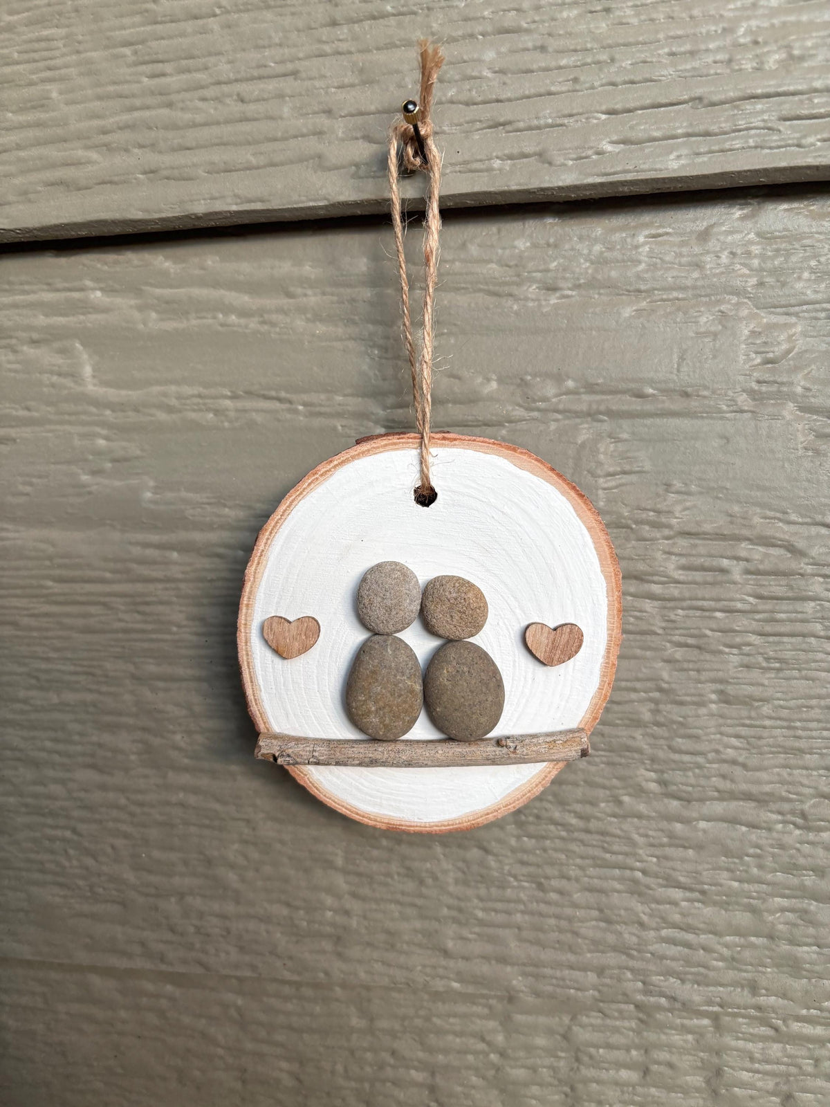 Pebble Art Couple in Love Ornament on Wood Round Backing | Handmade Unique Holiday Gift