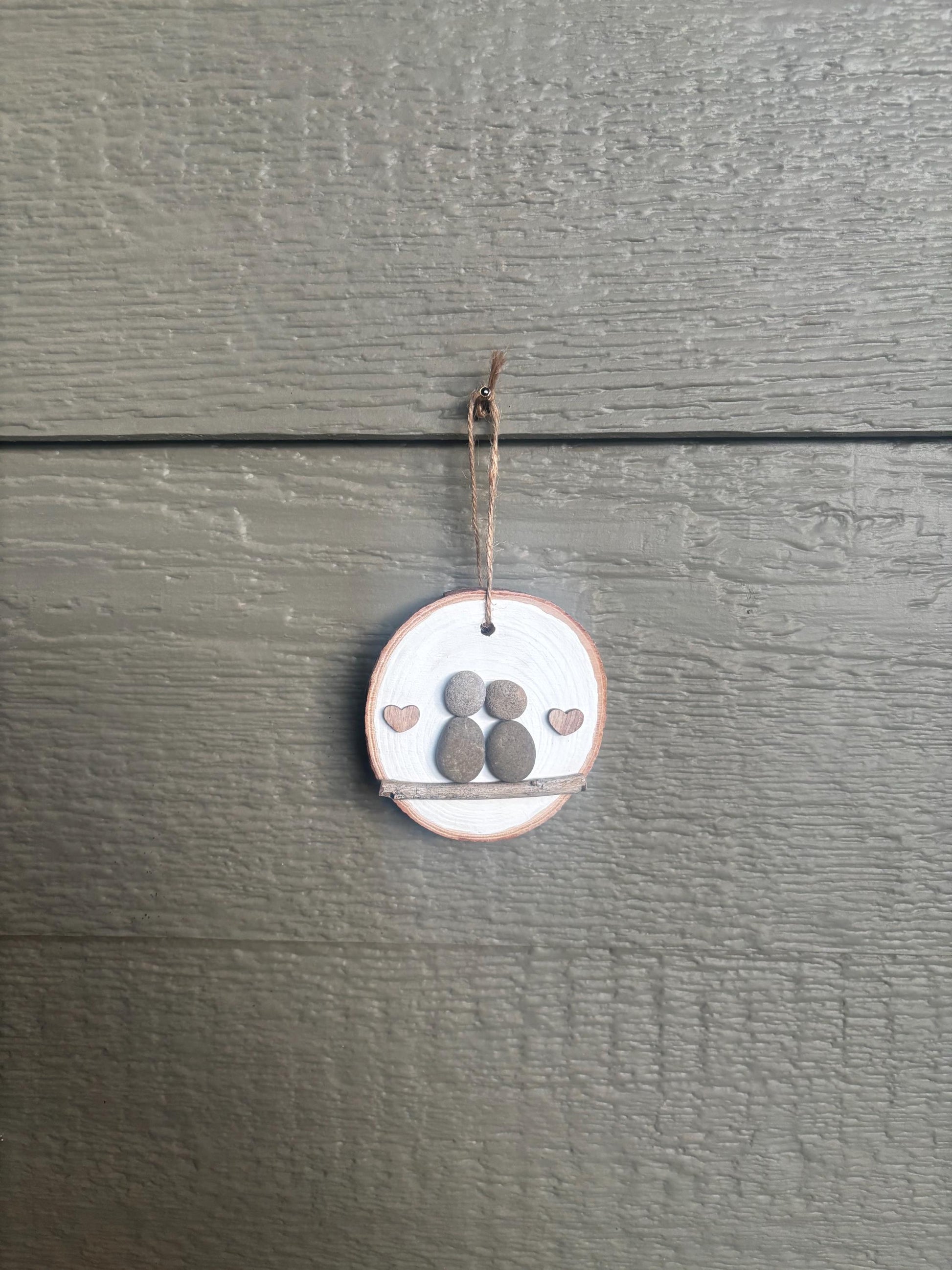 Pebble Art Couple in Love Ornament on Wood Round Backing | Handmade Unique Holiday Gift