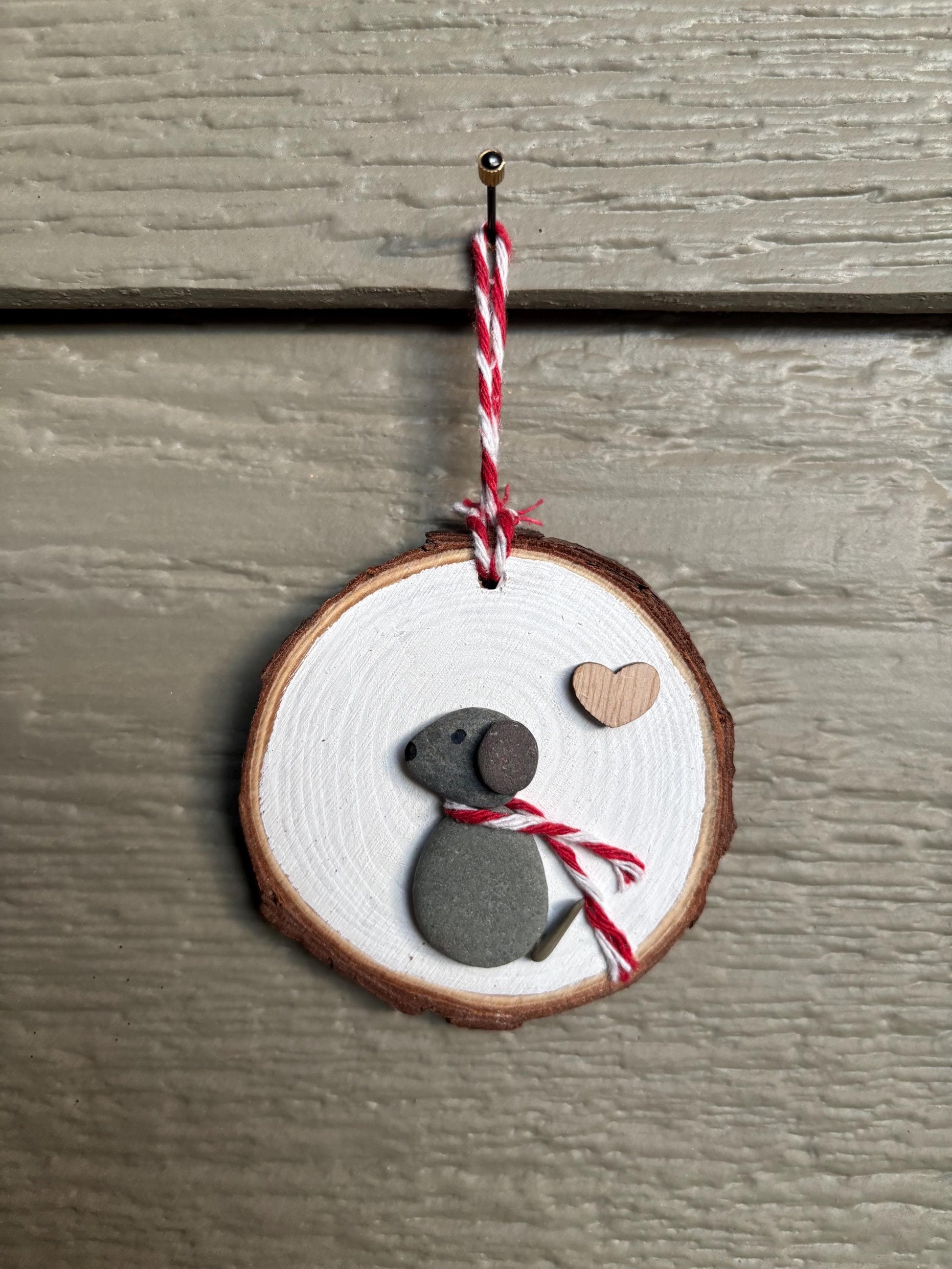Handmade Dog Pebble Art Christmas Ornament | Wood Slice