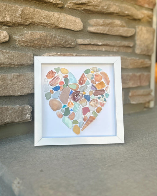 Sea Glass Heart Art | Scottish Shell & Pottery Mosaic, Coastal Decor