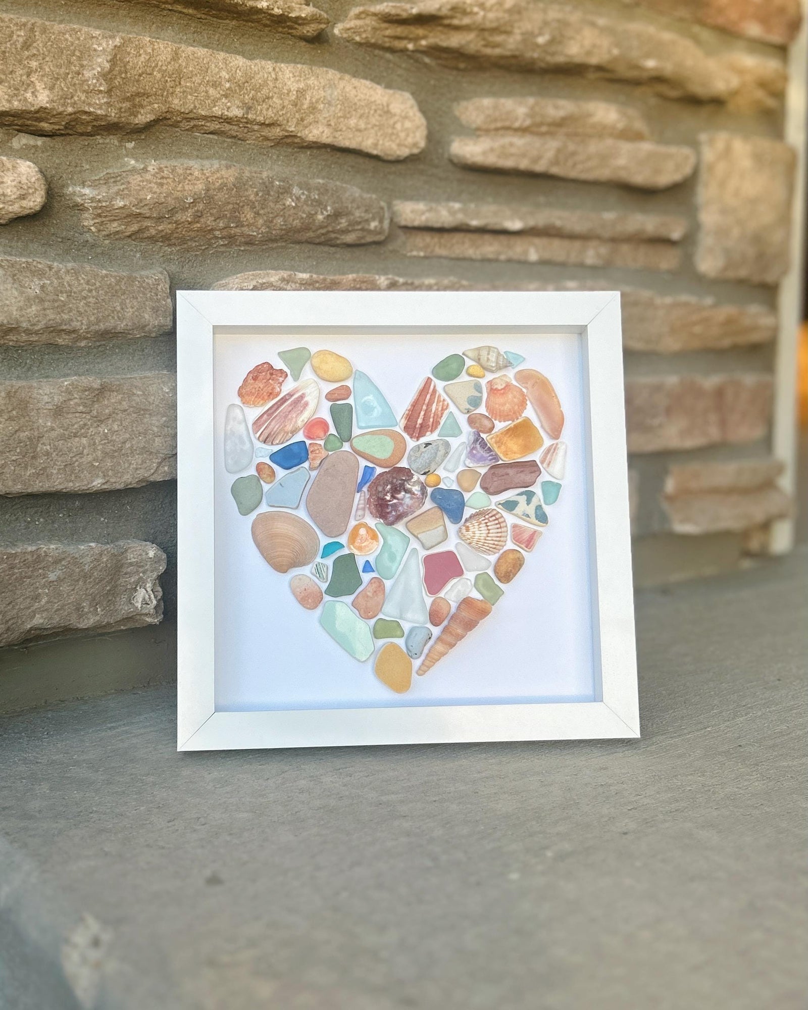 Colorful Heart Beach Collage | 9x9 Framed Sea Glass, Shell & Pottery Art | Handmade Coastal Wall Decor | Scottish Sea Glass and Shells