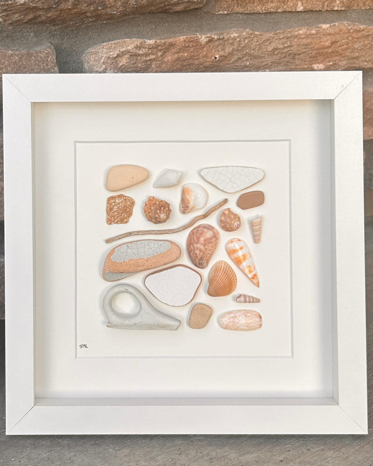 Delicate Beach Art in Shades of Orange and Yellow | Sea Treasures | 8x8 Sea Glass, Shell & Pebble Collage | Handmade Coastal Decor