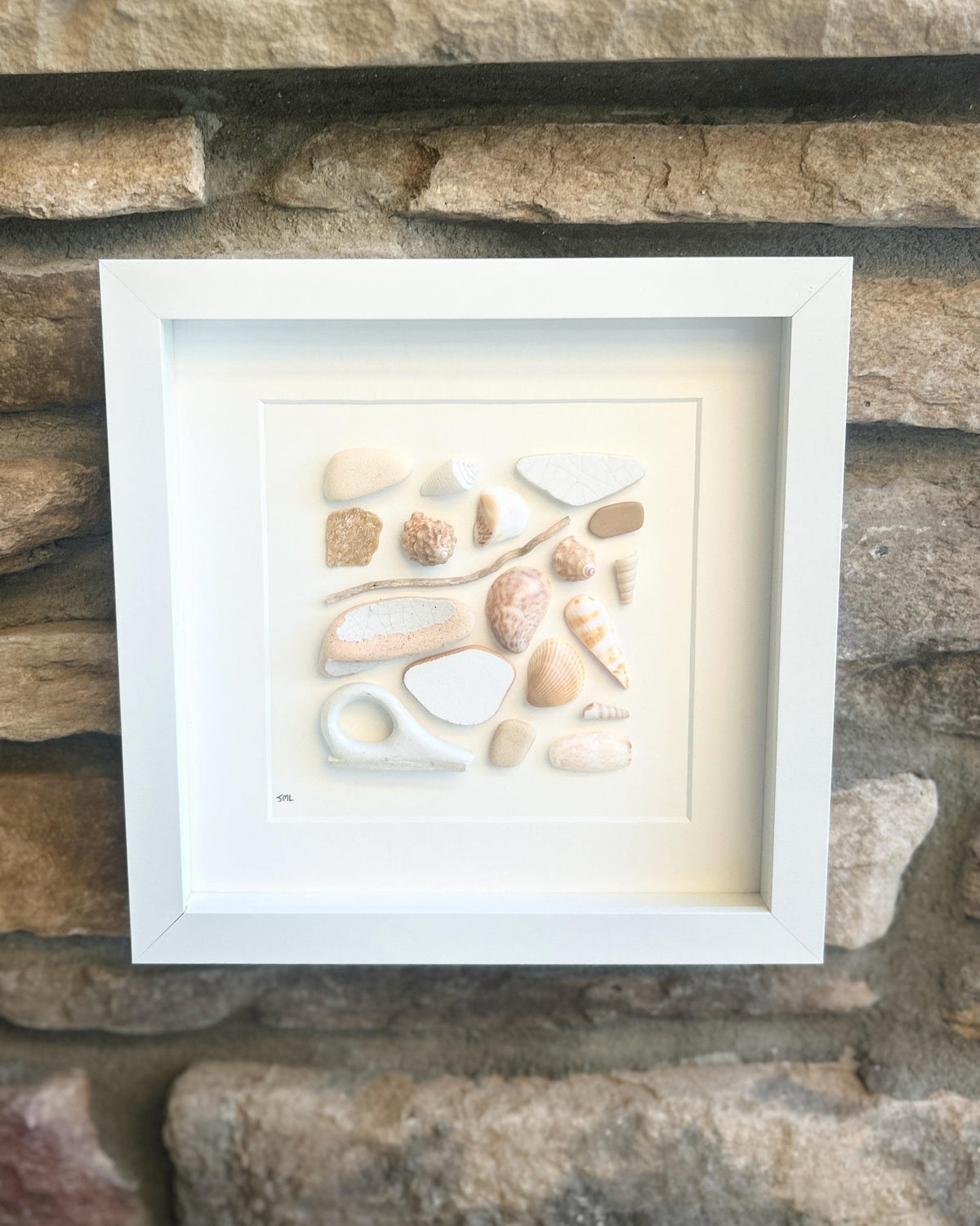 Delicate Beach Art in Shades of Orange and Yellow | Sea Treasures | 8x8 Sea Glass, Shell & Pebble Collage | Handmade Coastal Decor