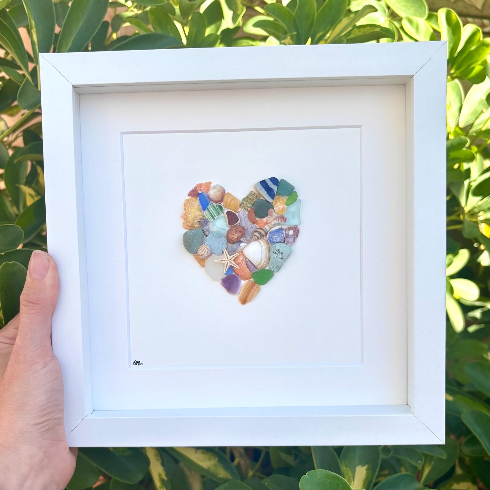 Colorful Heart Beach Collage Made of Scottish Sea Glass, Shells, Sea Pottery and Pebbles, 9x9 Framed Handmade Original Wall Decor