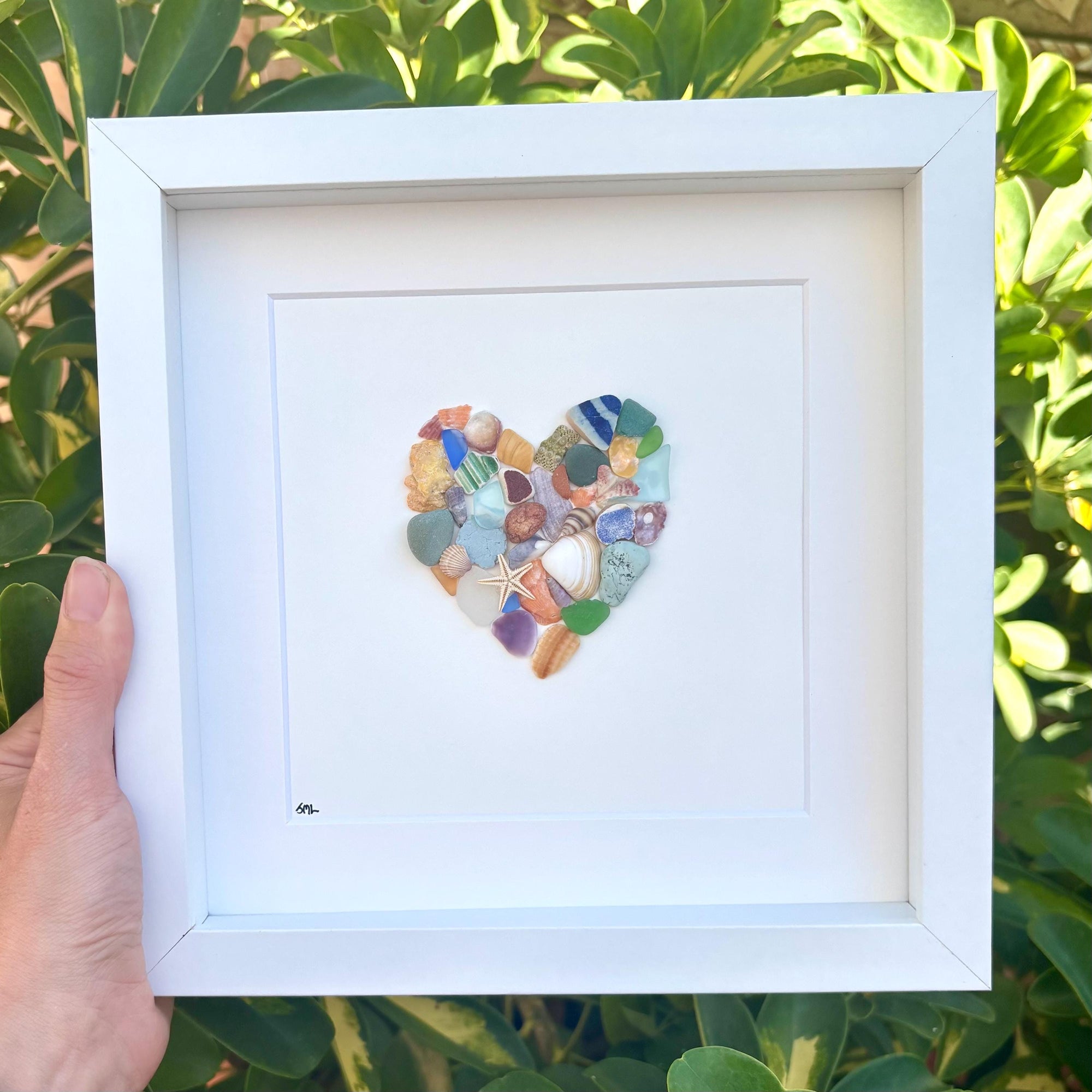 Colorful Heart Beach Collage Made of Scottish Sea Glass, Shells, Sea Pottery and Pebbles, 9x9 Framed Handmade Original Wall Decor