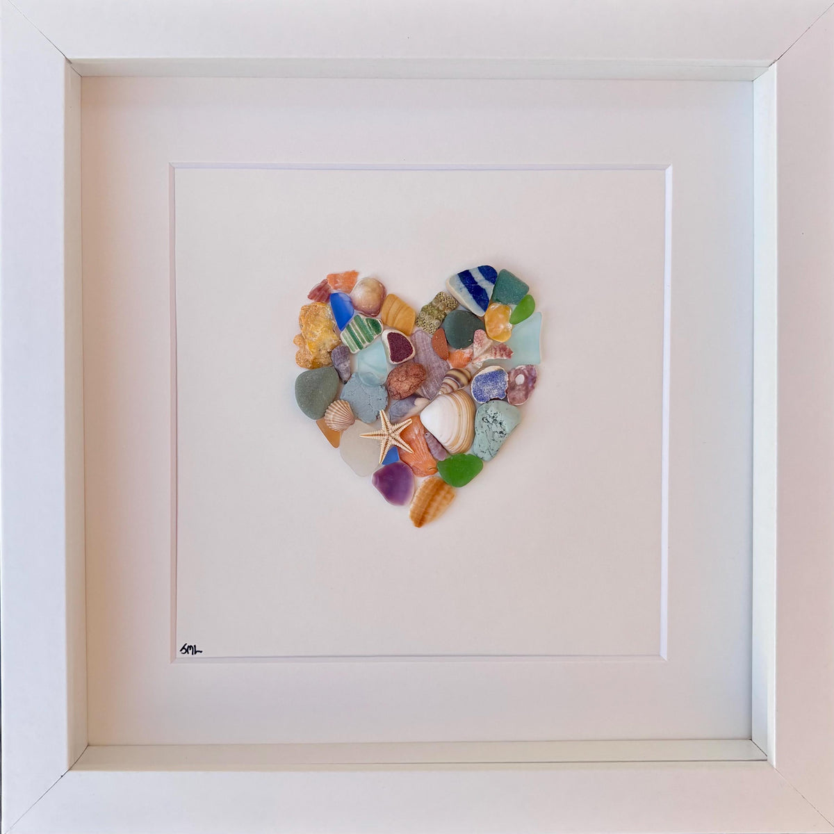 Colorful Heart Beach Collage Made of Scottish Sea Glass, Shells, Sea Pottery and Pebbles, 9x9 Framed Handmade Original Wall Decor