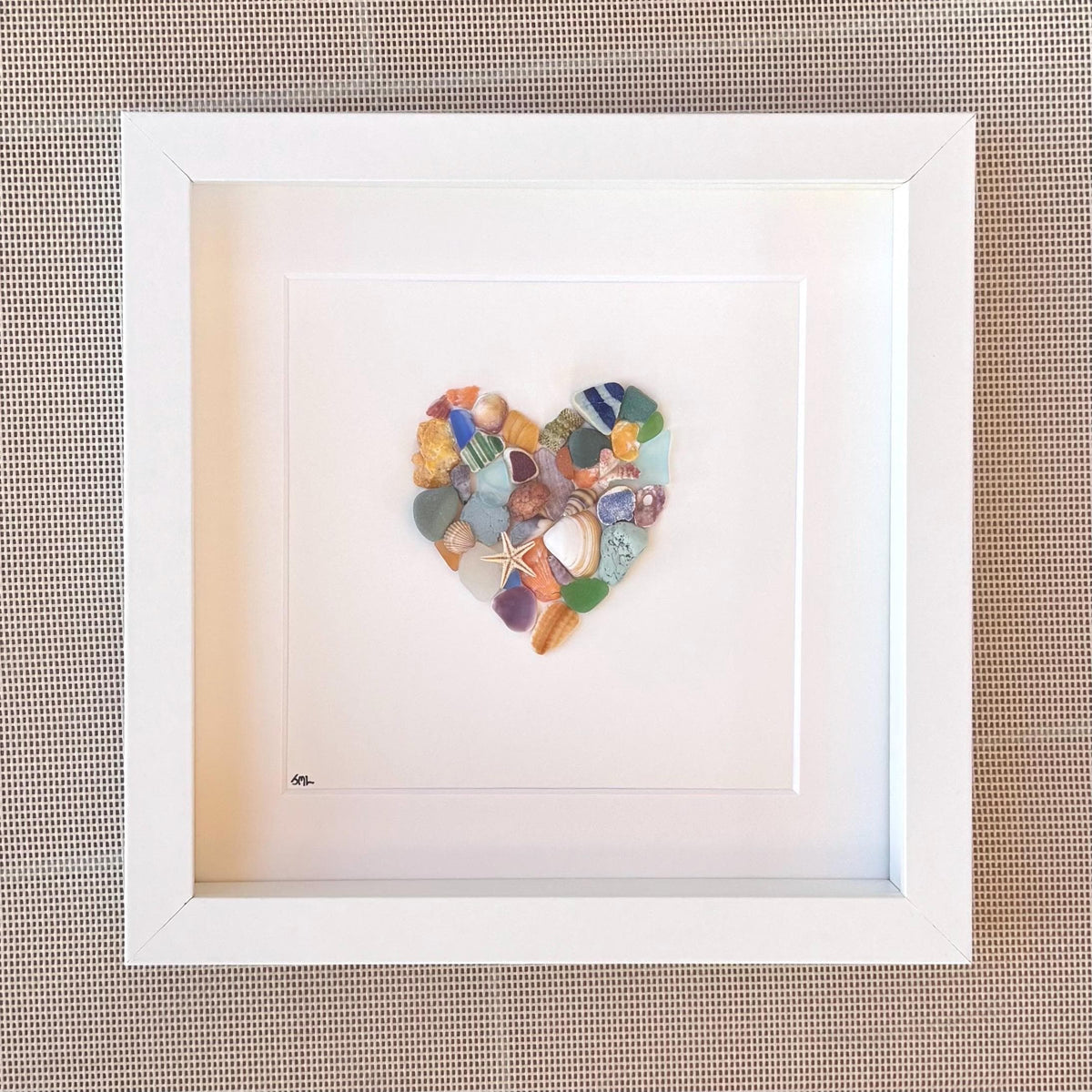 Colorful Heart Beach Collage Made of Scottish Sea Glass, Shells, Sea Pottery and Pebbles, 9x9 Framed Handmade Original Wall Decor