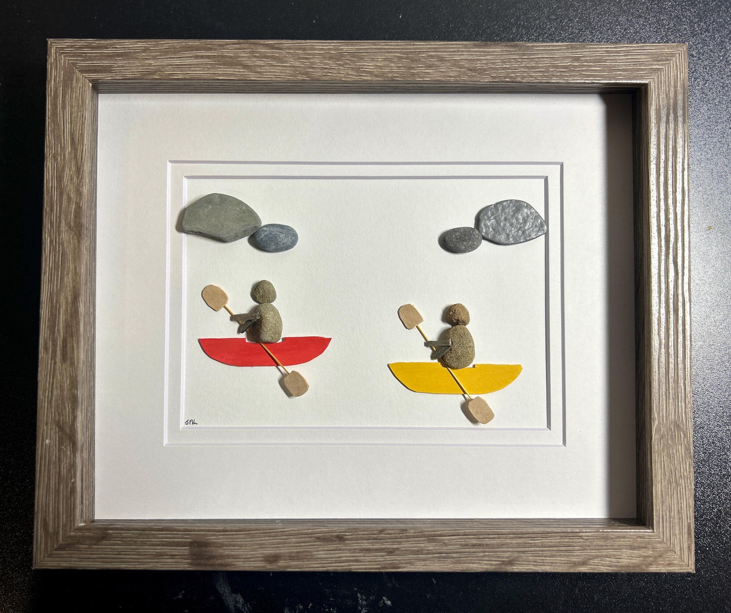 Handmade Kayakers Pebble Art, Personalized Water Lover Gift, 8x10 Framed