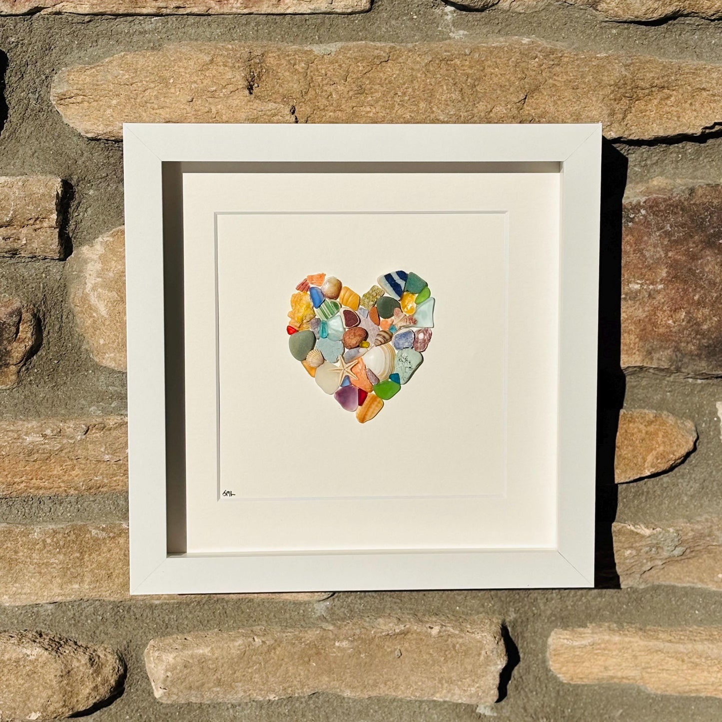 Colorful Heart Beach Collage Made of Scottish Sea Glass, Shells, Sea Pottery and Pebbles, 9x9 Framed Handmade Original Wall Decor