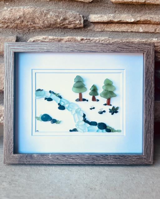 Sea Glass River Art with Trees – Handmade Nature Wall Decor | Sea Glass Stream