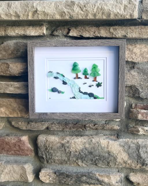 Sea Glass River Art with Trees – Handmade Nature Wall Decor | Sea Glass Stream