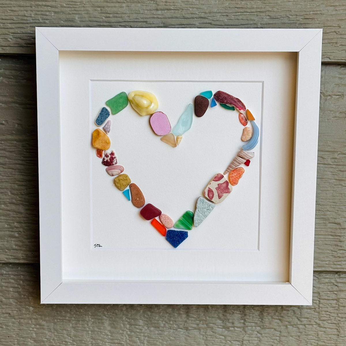 Heart Shaped Beach Collage Made of Scottish Sea Glass, Shells, Sea Pottery and Pebbles, 9x9 Framed Handmade Coastal Decor