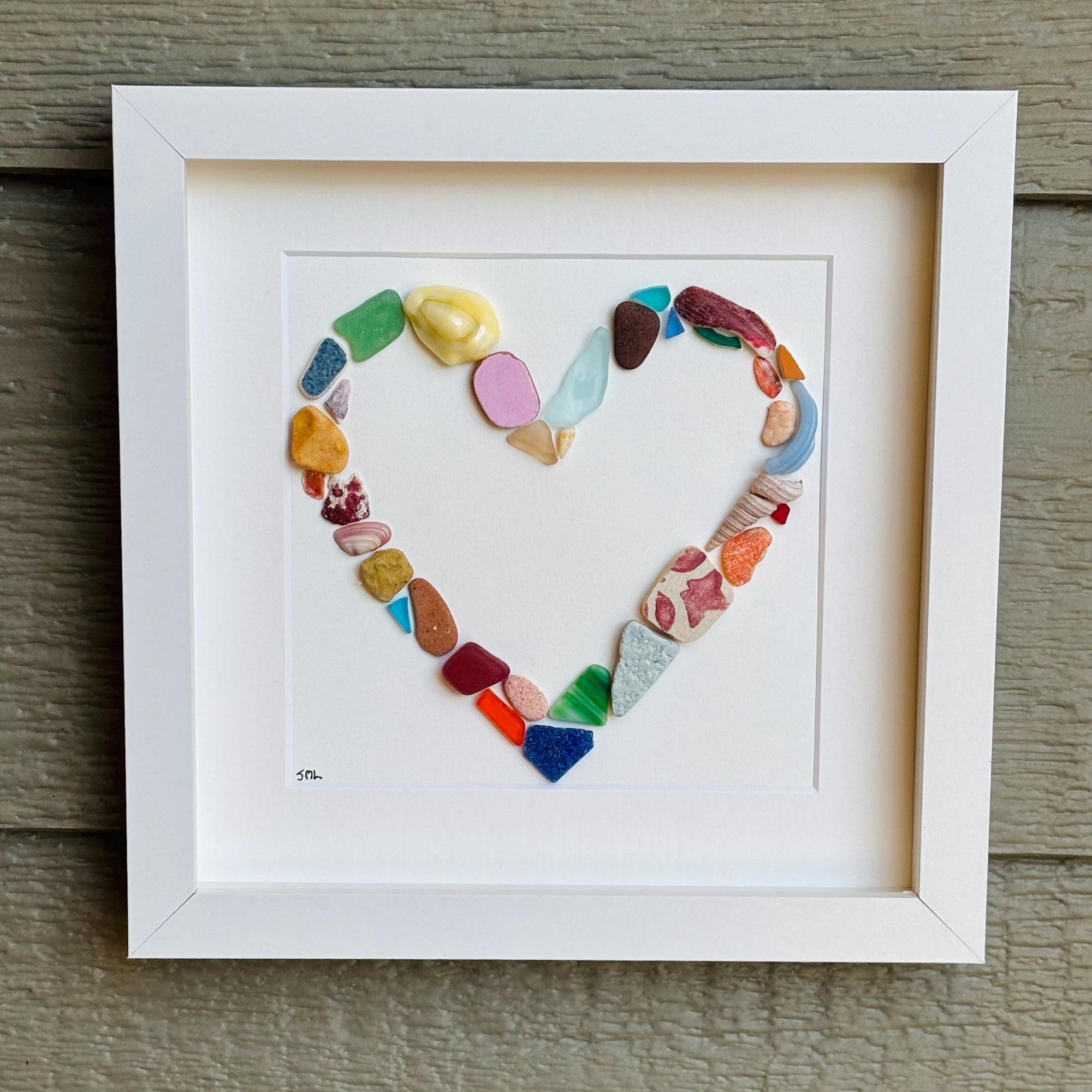 Heart Shaped Beach Collage Made of Scottish Sea Glass, Shells, Sea Pottery and Pebbles, 9x9 Framed Handmade Coastal Decor