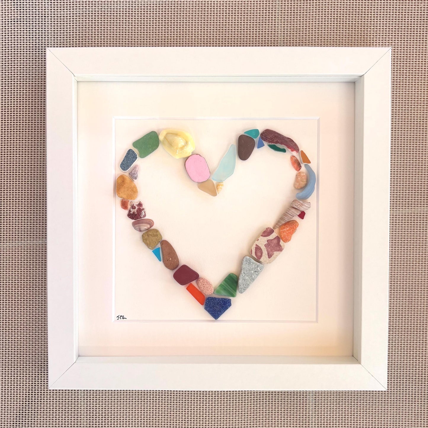 Scottish Sea Glass Heart Collage, Framed Coastal Decor, Valentines Day (9x9)