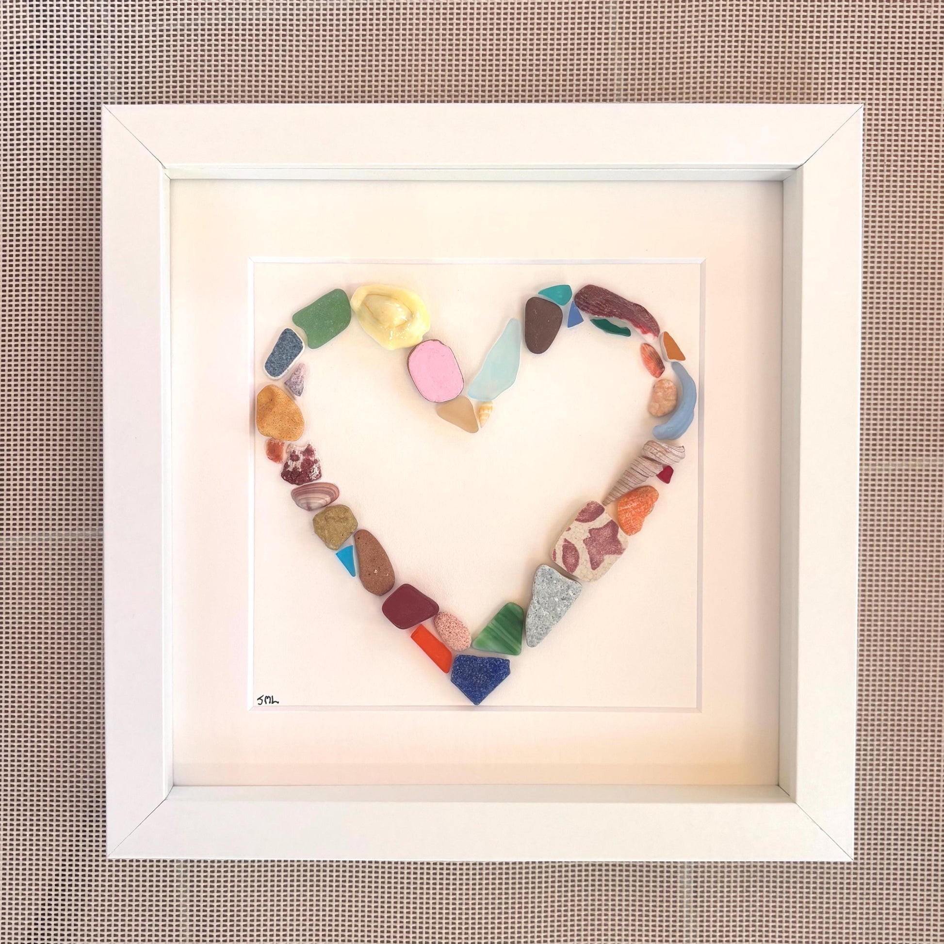 Scottish Sea Glass Heart Collage, Framed Coastal Decor, Valentines Day (9x9)