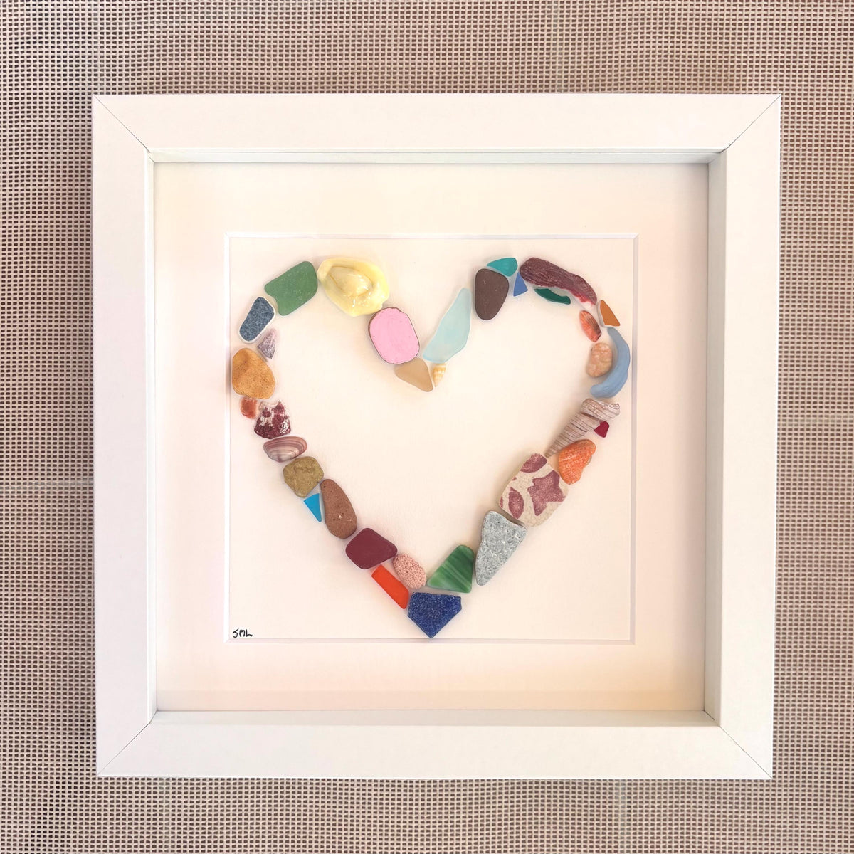 Heart Shaped Beach Collage Made of Scottish Sea Glass, Shells, Sea Pottery and Pebbles, 9x9 Framed Handmade Coastal Decor