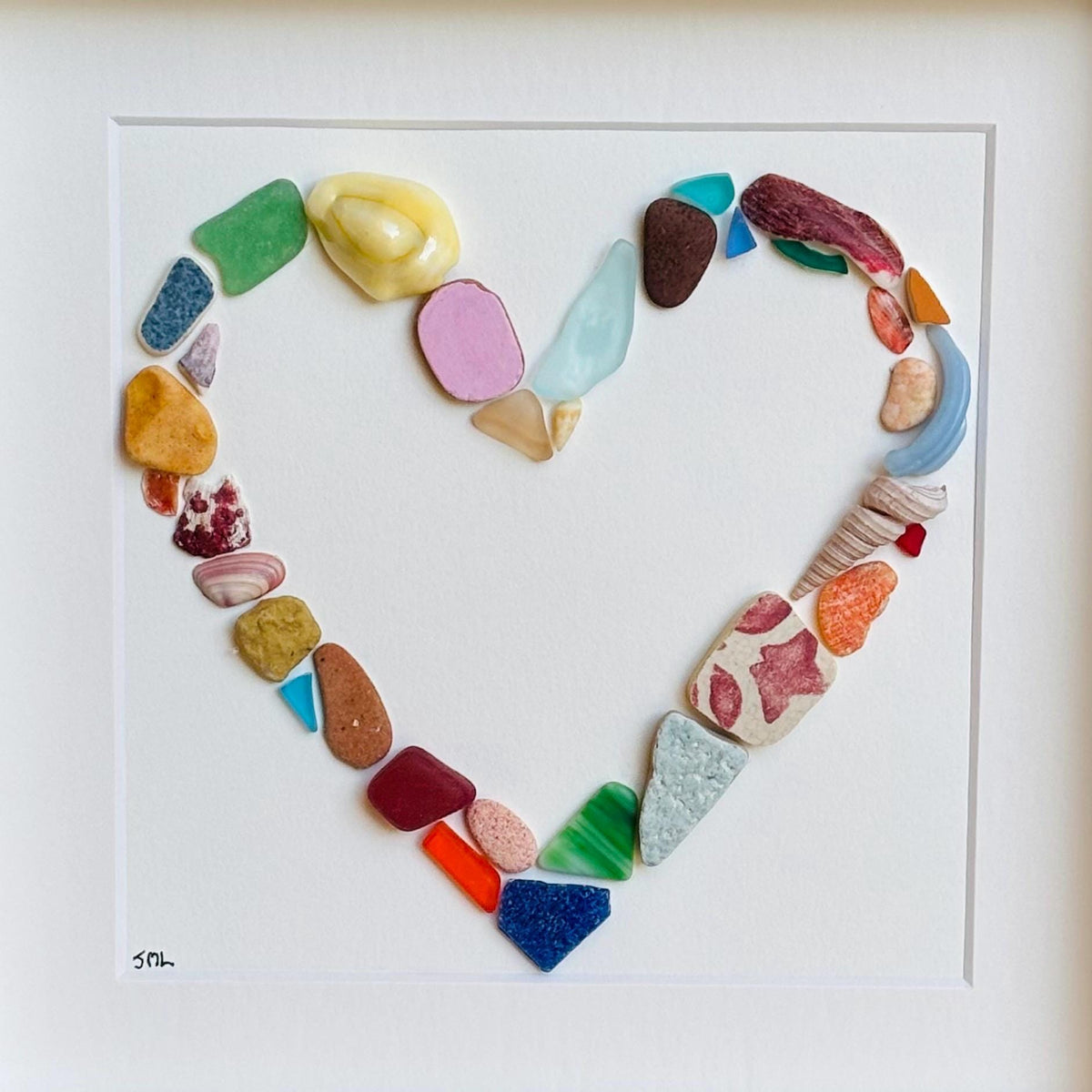 Heart Shaped Beach Collage Made of Scottish Sea Glass, Shells, Sea Pottery and Pebbles, 9x9 Framed Handmade Coastal Decor