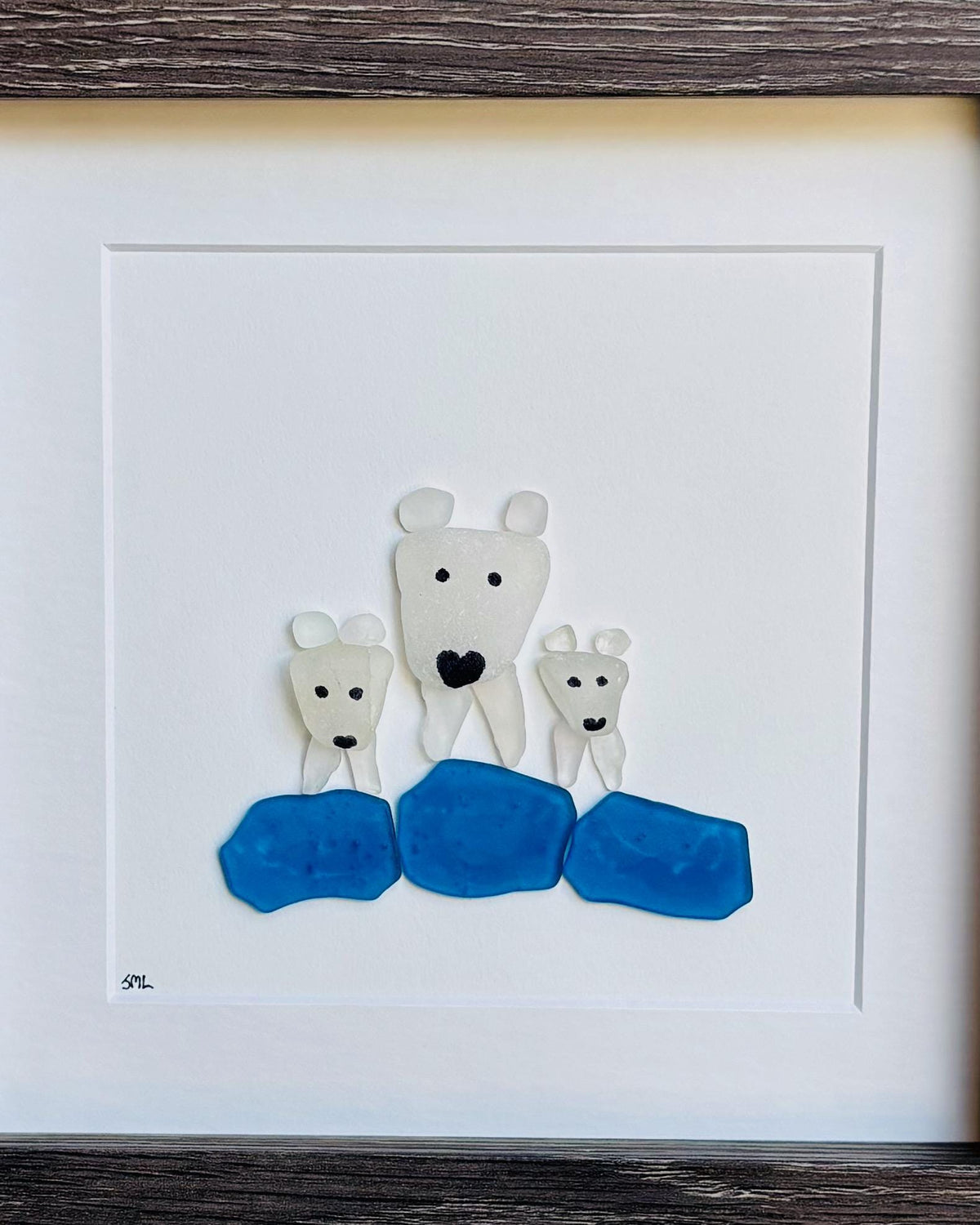 Polar Bear Family Sea Glass Art | Winter Animal Wall Decor | Handmade Pebble Art Gift | Unique Arctic Family Artwork