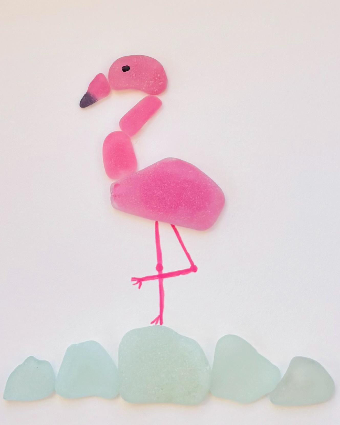 Pink Flamingo Sea Glass Art | Handmade Tropical Coastal Wall Decor