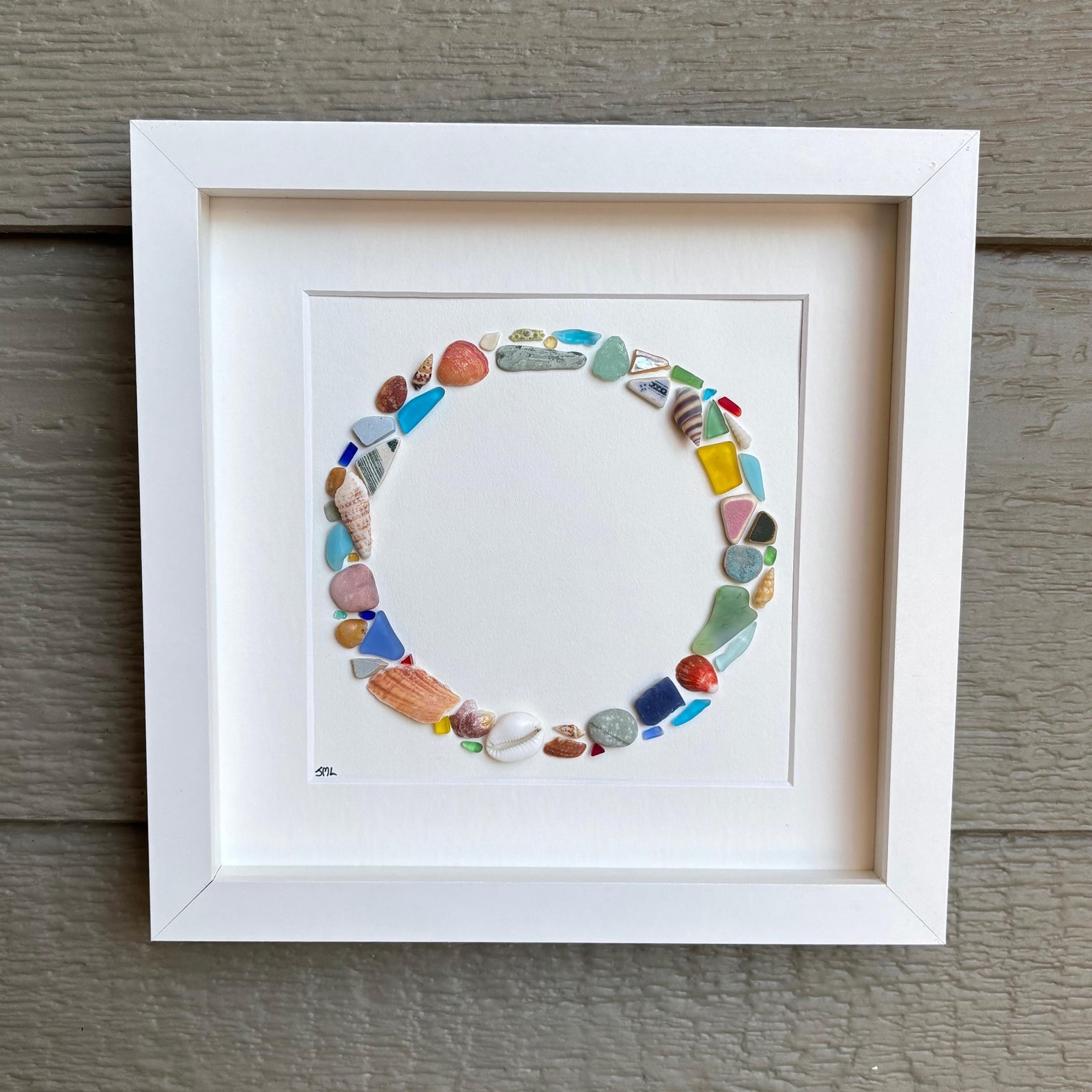 Beach Mosaic Circle Made of Sea Glass, Shells, Sea Pottery and Pebbles, 9x9 Framed Handmade Original Coastal Decor