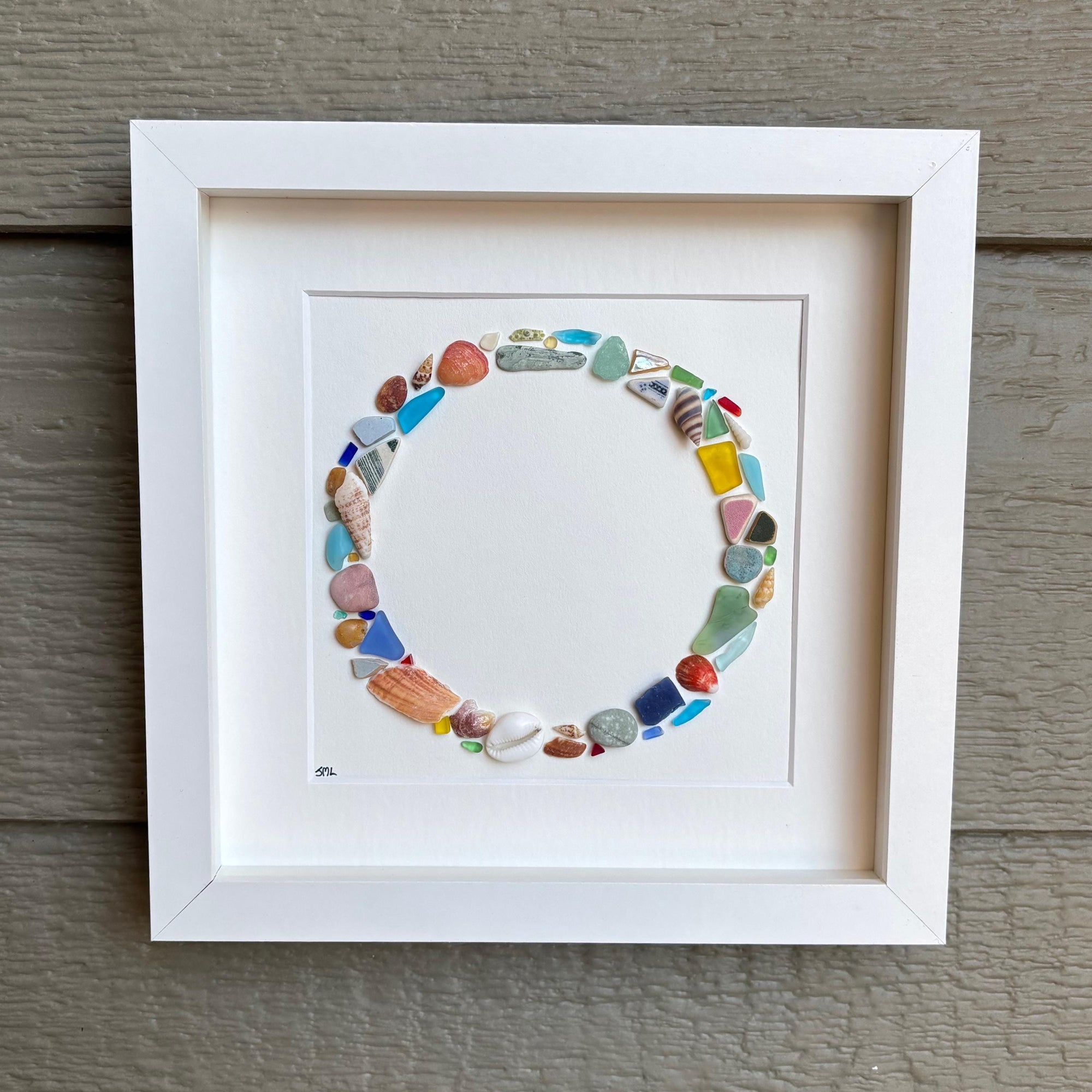 Beach Mosaic Circle Made of Sea Glass, Shells, Sea Pottery and Pebbles, 9x9 Framed Handmade Original Coastal Decor