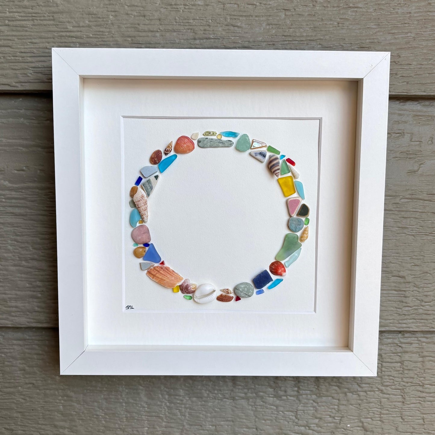 Sea Glass Circle Mosaic, Framed Beach Coastal Decor (9x9)